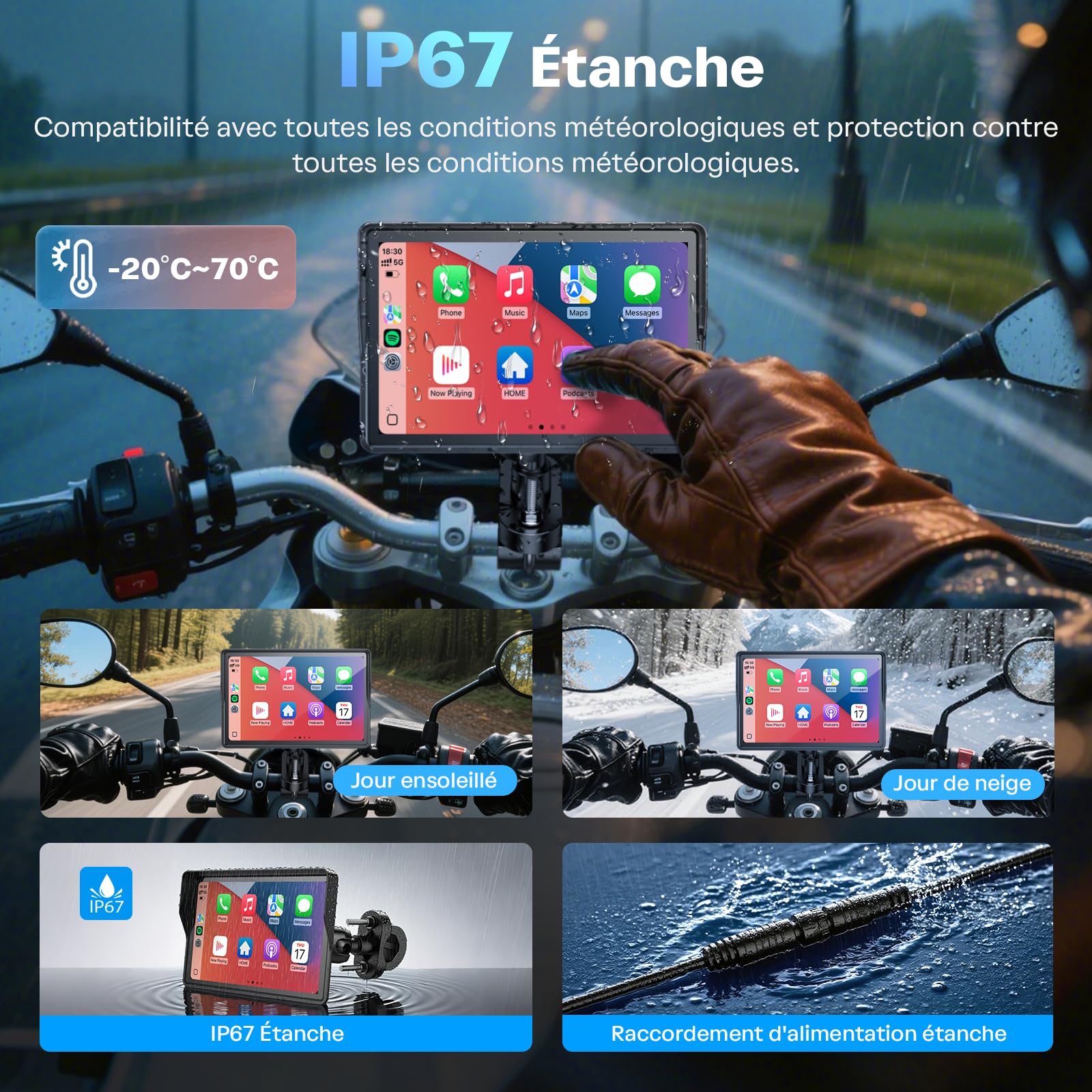 WonVon Sistema di navigazione GPS Carplay per moto da 5 pollici con Apple Carplay e schermo portatile automatico Android con Dual Bluetooth, navigazione, Siri, Google Assistant