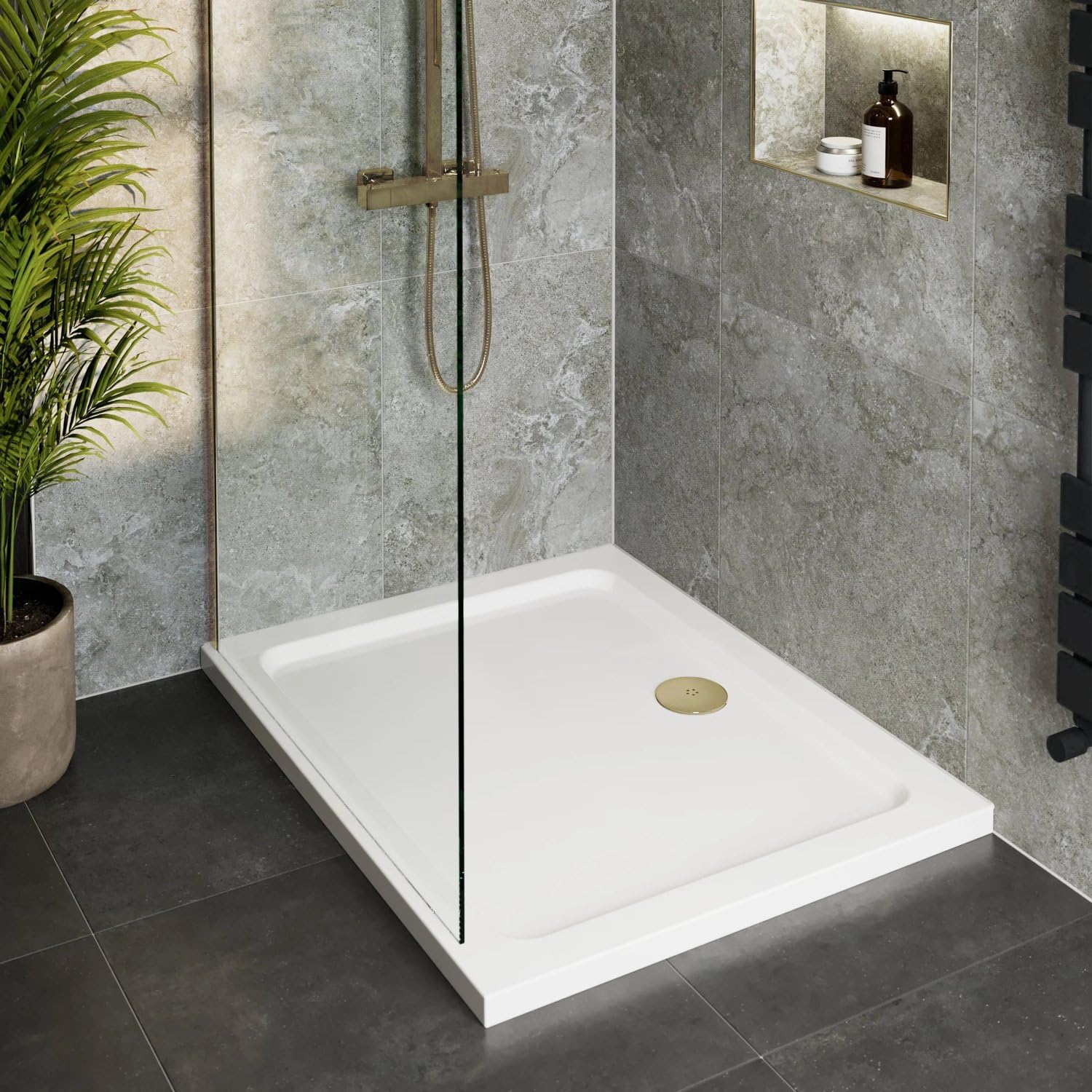 Hydrolux® 900 x 800 x 45mm White Bathroom Low Profile Shower Tray for Enclosures Cubicles & Wet Room with Brushed Brass Waste, Rectangular