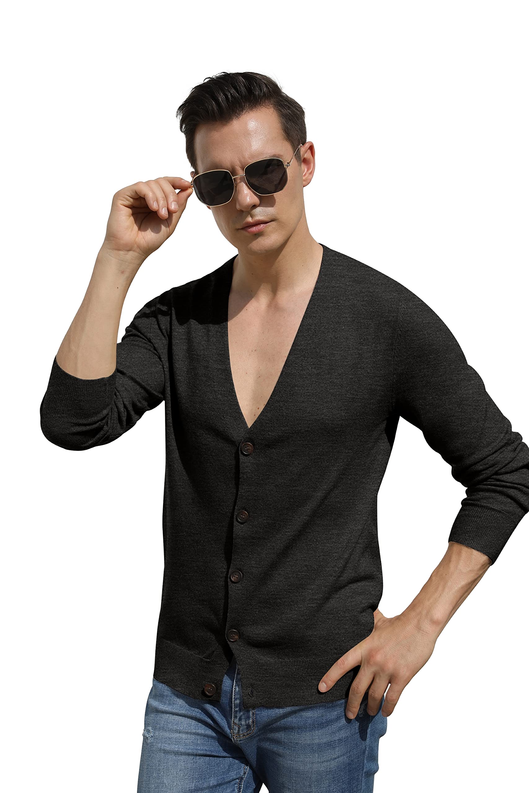 Hisir Men's Knit Cardigans Jumpers Lightweight Classic Soft Wool V Neck Cardigan with Buttons, Long Sleeve Knitwear Pullover Sweaters for Men, Mens Gift