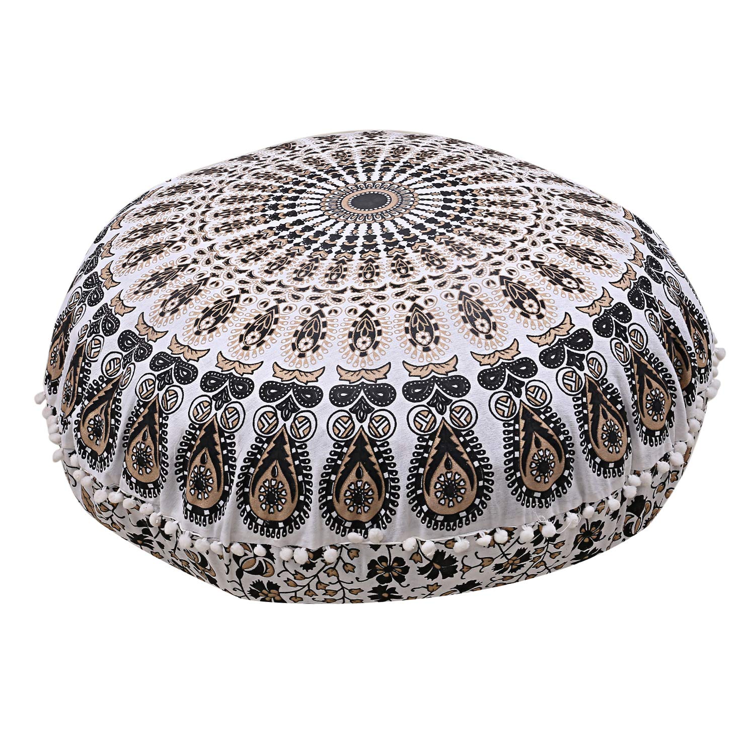 Mandala Floor Pillow Cushion Seating Throw Cover Hippie Decorative Bohemian Ottoman Poufs, Pom Pom Pillow Cases,Boho Indian (32 Inches, Gold Black)-image-6