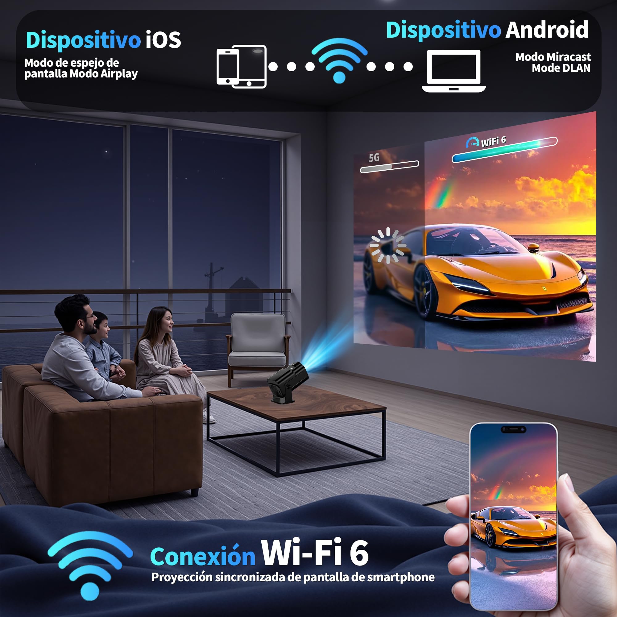 [App Integrada & 2026 Upgraded] Mini Proyector 4K 1080P Proyector Vídeo con WiFi 6 Bluetooth 5.2 Support Gira 270° Corrección Trapezoidal Automática para HDMI/TV Stick/PC/USB, Negro