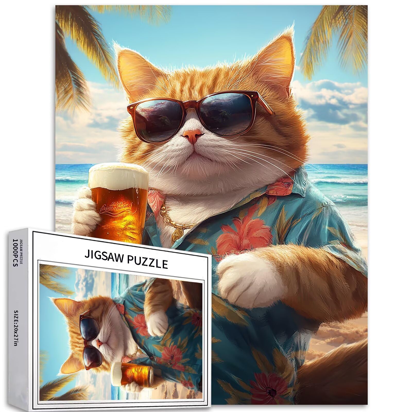 Beach Fat Cat 1000 Piece Jigsaw Puzzles for Adults Cat Wearing Sunglasses Art Puzzle Challenging Family Activity Games Colorful DIY Craft Puzzle for