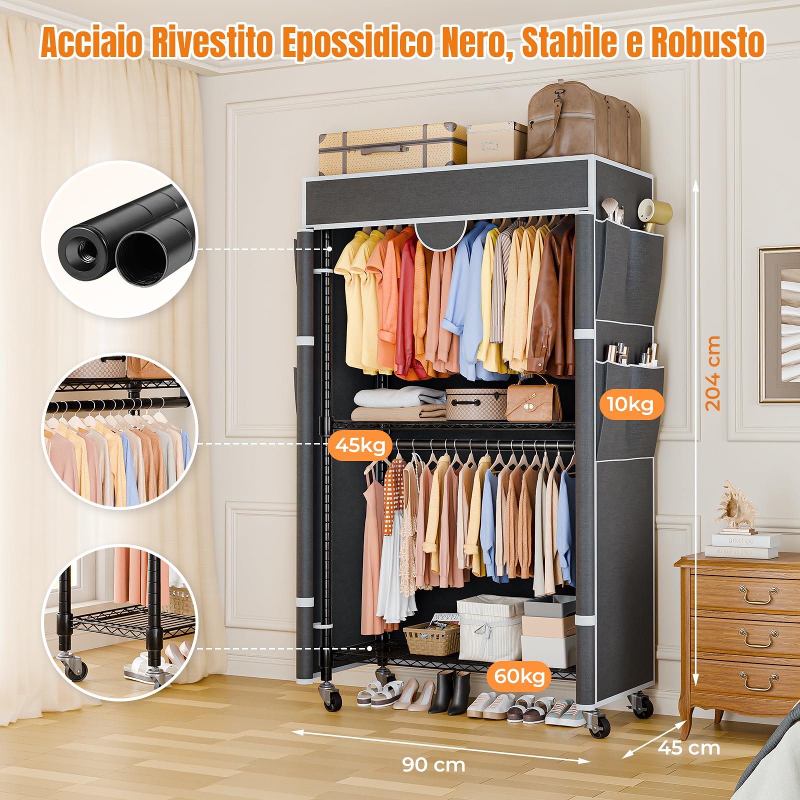 Himimi Appendiabiti su ruote, stabile, doppio appendiabiti con copertura e ripiano regolabile in altezza, armadio aperto in metallo, per camera da letto, 90 x 45 x 205 cm, grigio