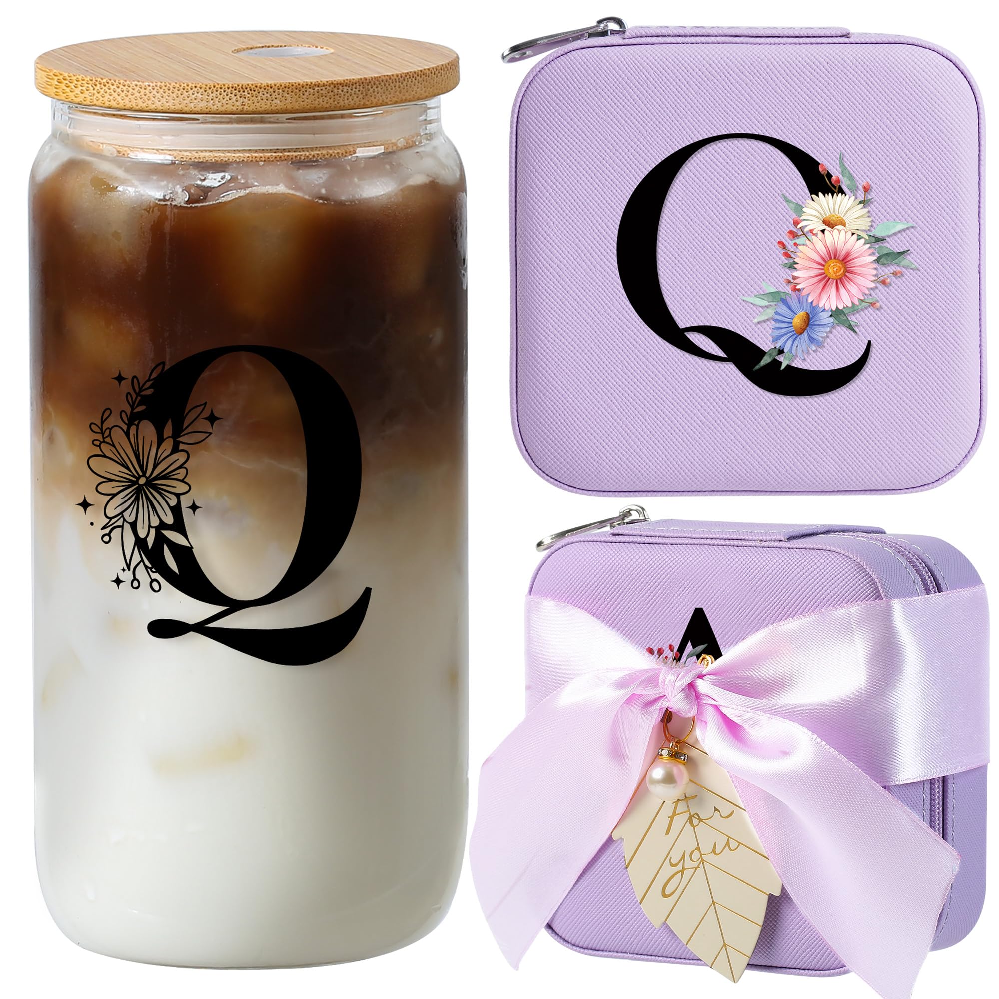 AYGXU Purple Glass Cup with Bamboo Lid and Straw - Teacher Appreciation Gift for Women - End of Year Gift - Aesthetic Travel Cup