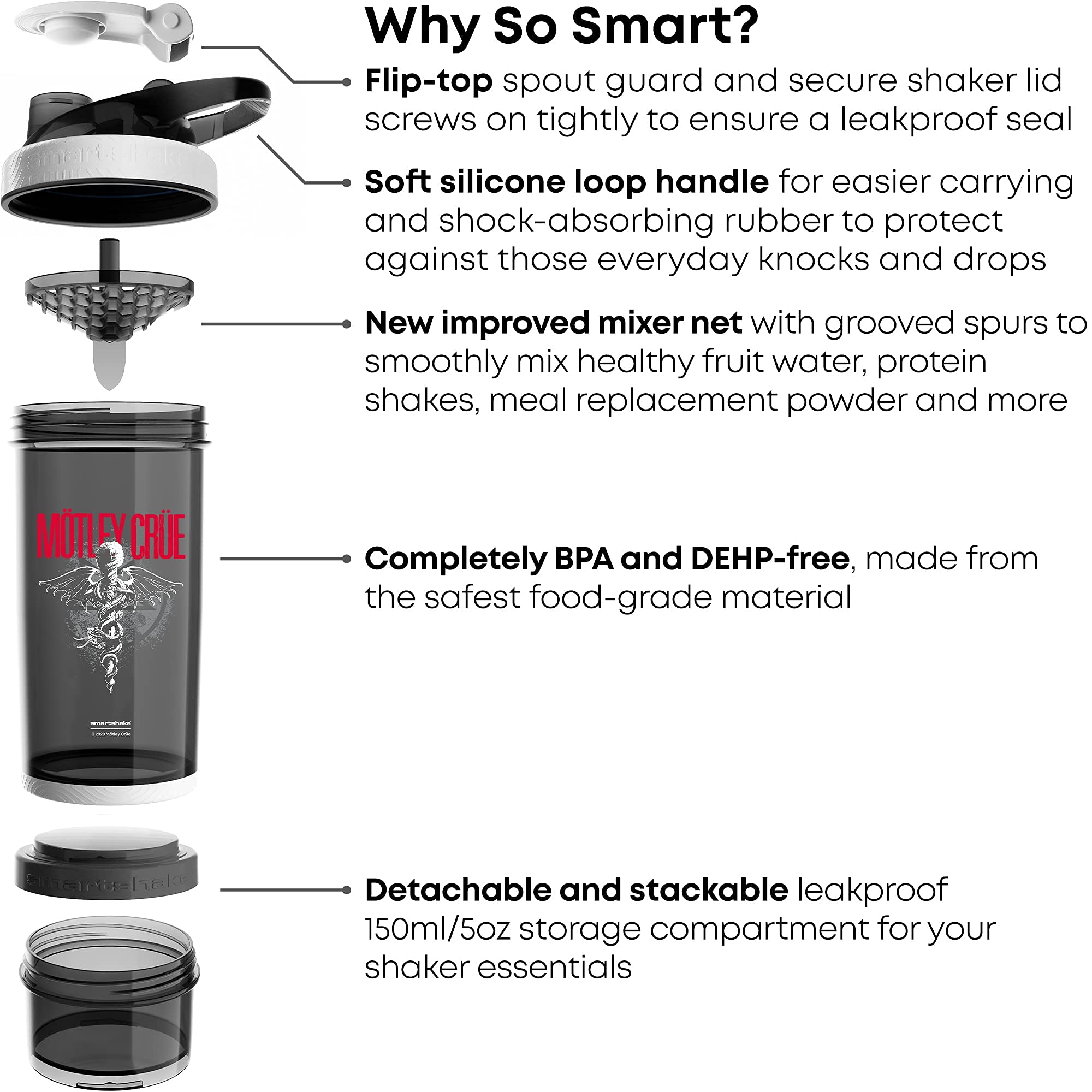 Smartshake Revive Motley Crue - Botellas de batido de proteínas de 750 ml - Botella agitadora de proteínas con compartimento de almacenamiento