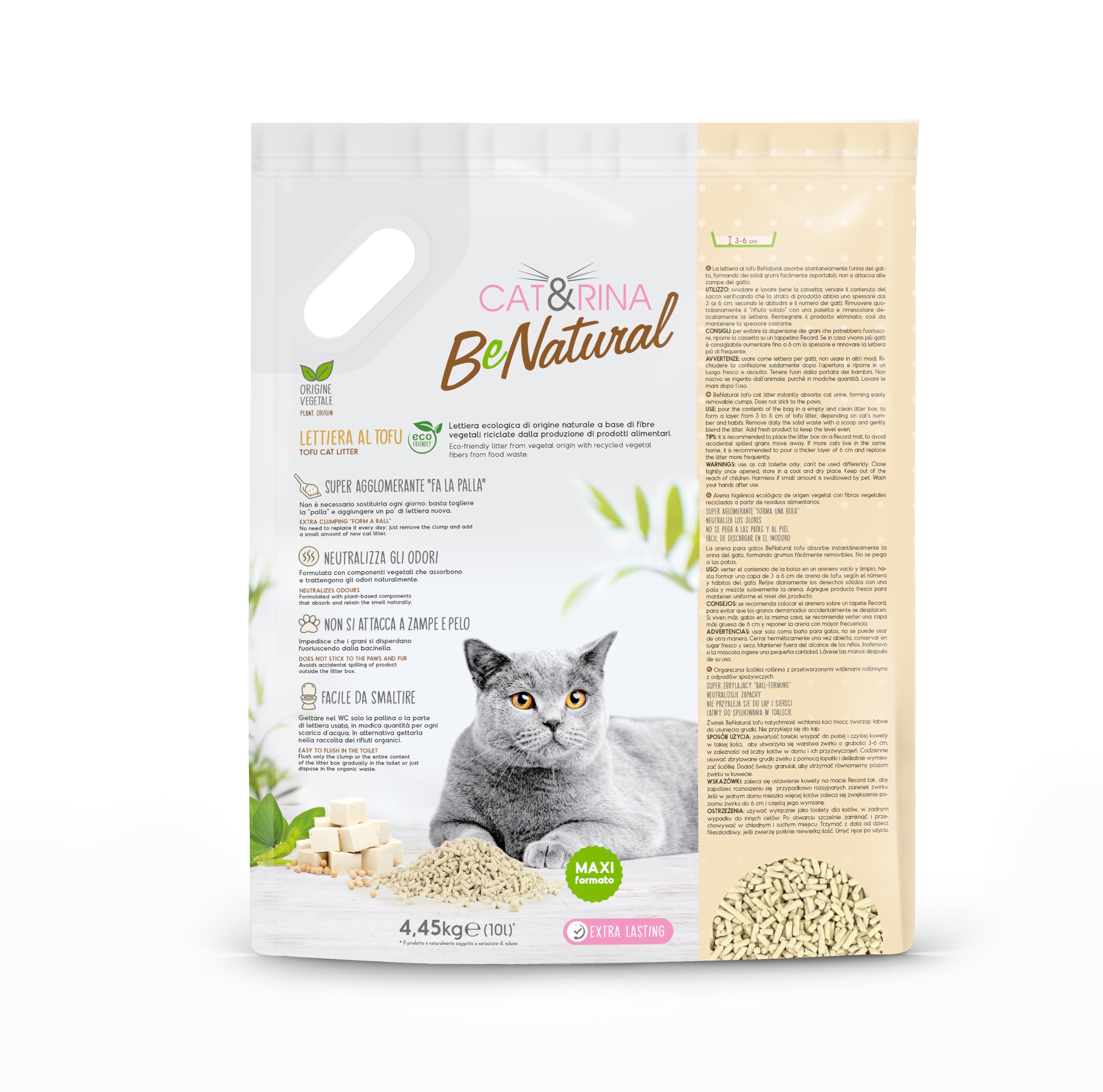 Cat&Rina lettiera per gatti al tofu da 10l. Lettiera gatto agglomerante vegetale. Fino a 60 giorni di utilizzo. Si smaltisce nell'organico o nel wc. Sabbia anti odore formato maxi. Naturale, 1478.7