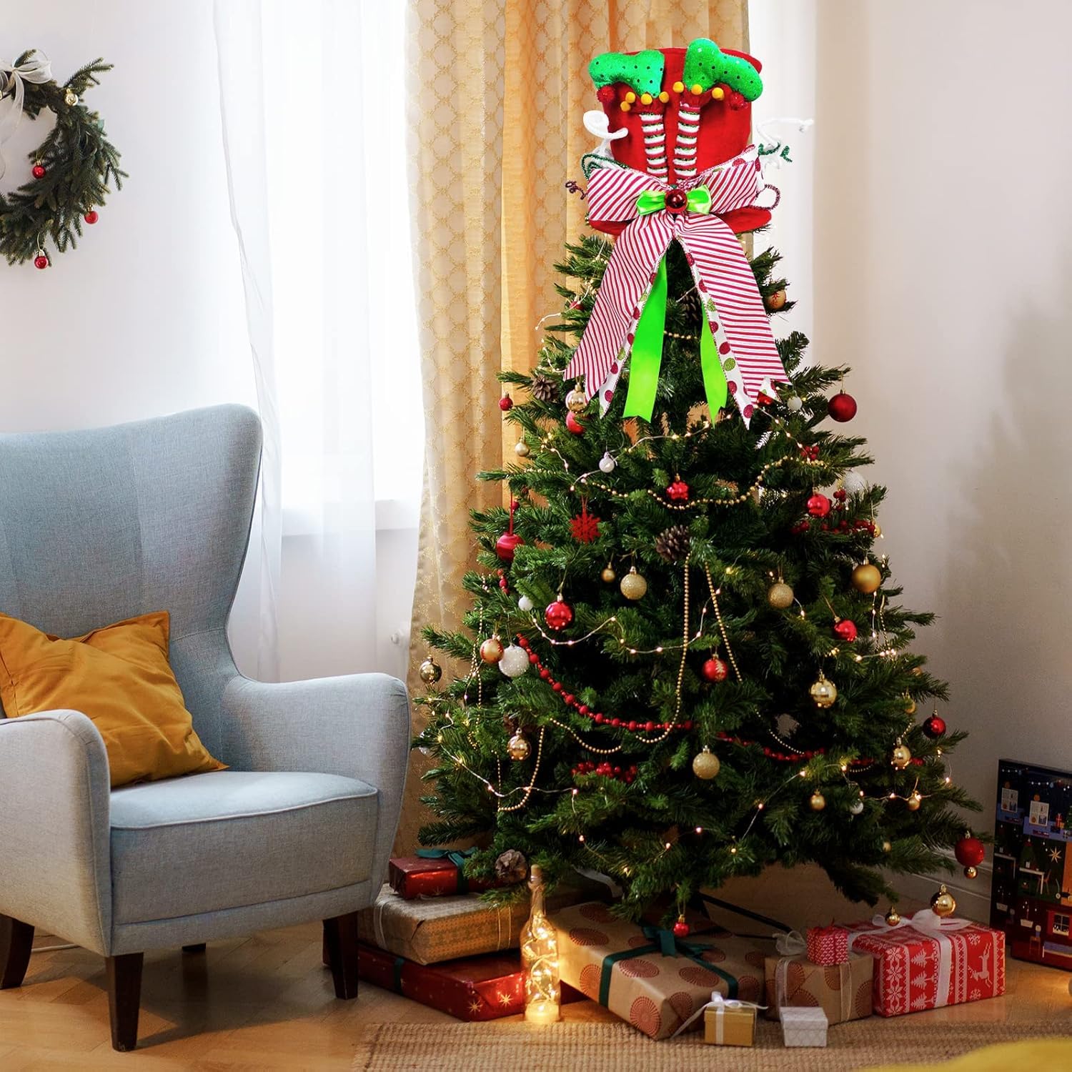 KAHEIGN Punte per Albero di Natale, 25CM Grande Rosso Puntale per Albero di Natale Cappello a Cilindro con Gambe da Elfo e Nastro a Strisce per Casa Natale Inverno Festa Decorazione Desktop Ornamenti