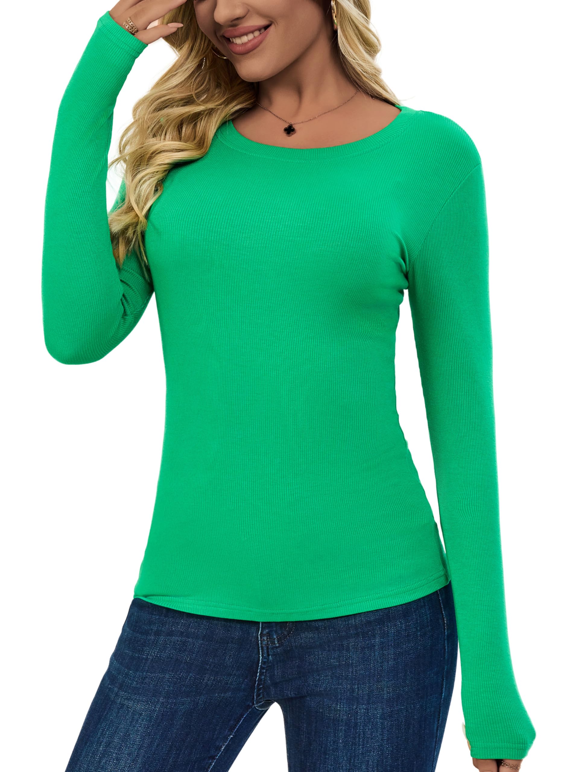 ACANI Long Sleeve T-Shirt Women Ribbed Scoop-Neck Shirts for Women Basic Trendy Lightweight Shirts for Women, Green, Medium