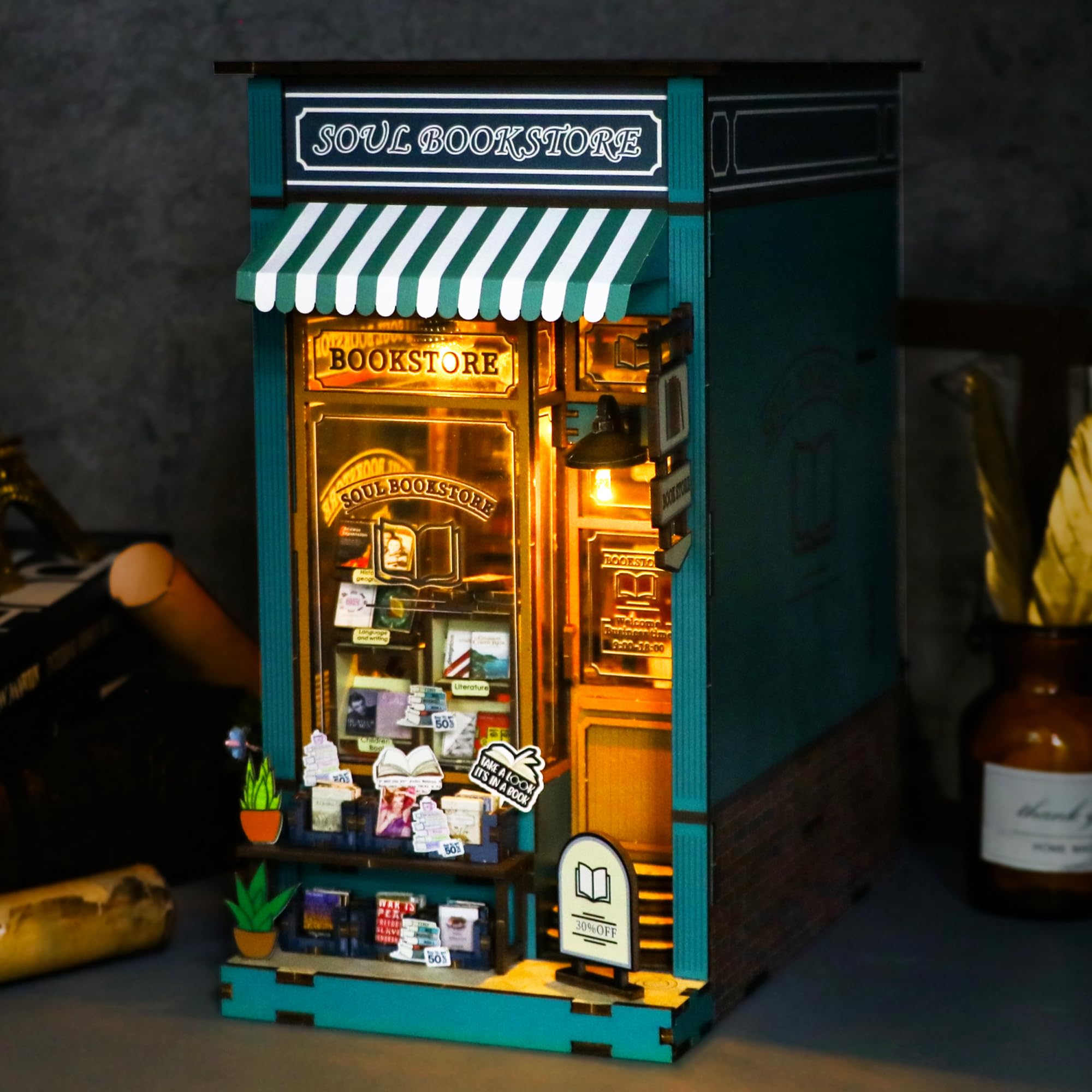 Book Nook DIY Kit for Teens and Adults, Miniature Booknook Dollhouse with LED, 3D Wooden Bookshelf Decor, Handmade Dioramas Bookend Craft Gifts for Birthday, Graduation, Halloween (Soul Bookstore)