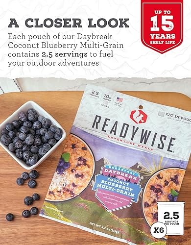 Miniatura 4 de ReadyWise - Multigrano de arándano y coco (6 unidades), alimentos liofilizado para viajes de mochilero y campamentos, 15 porciones, producto vegano