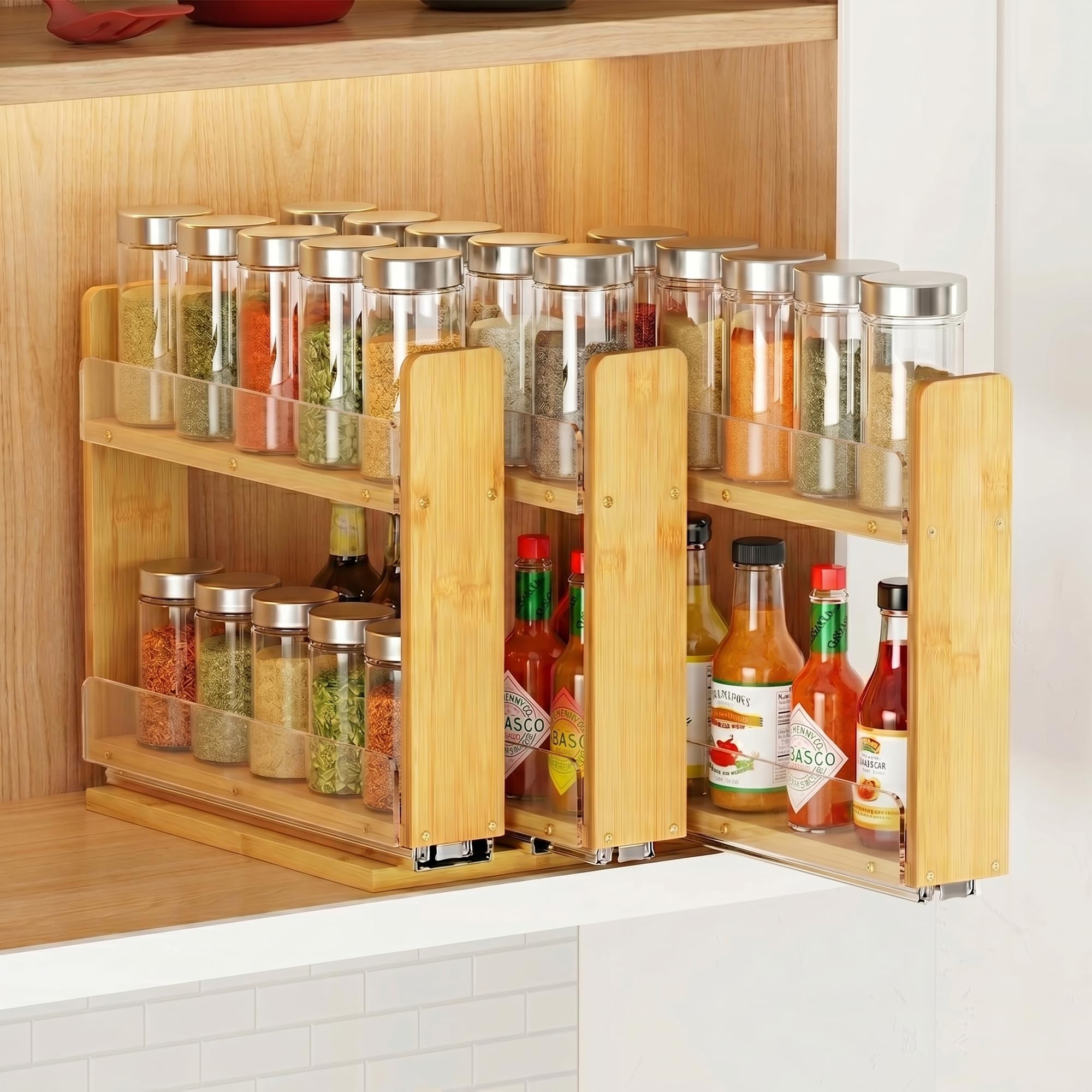 Étagère à épices extensible en bambou pour armoire de cuisine, 2 niveaux, 3 tiroirs, peu encombrant, robuste, pour épices, bois naturel