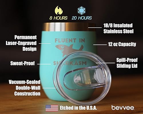 Miniatura 4 de Bevvee Fluent in Sharkasm - Divertido vaso de vino de tiburón con tapa deslizante, taza aislada de acero inoxidable, bonitos regalos de decoración