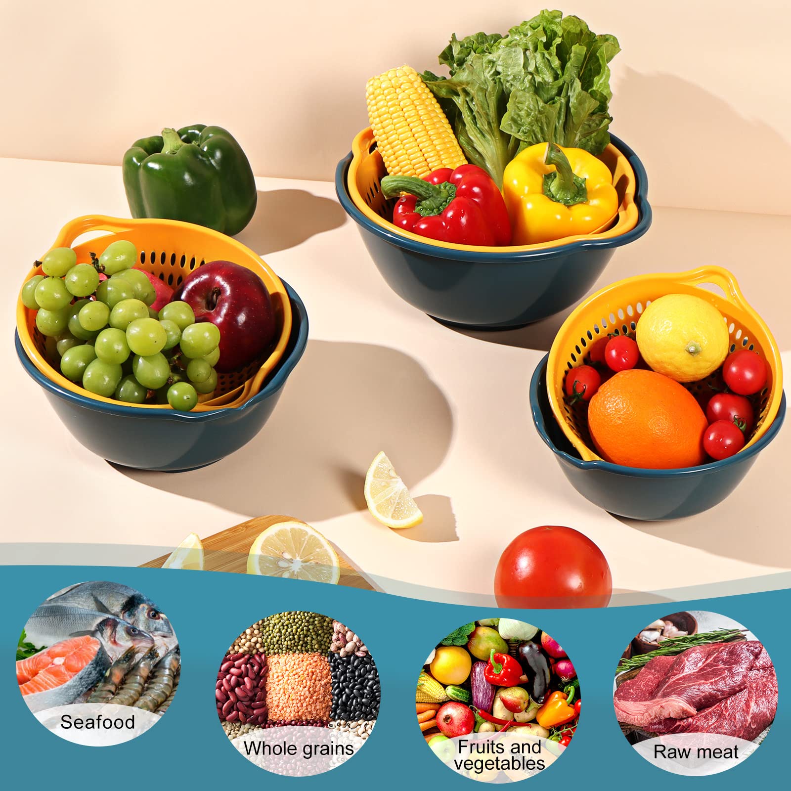 6 coladores con cuenco, colador de alimentos para pasta, verduras y frutas, sin BPA, apto para lavavajillas (azul)