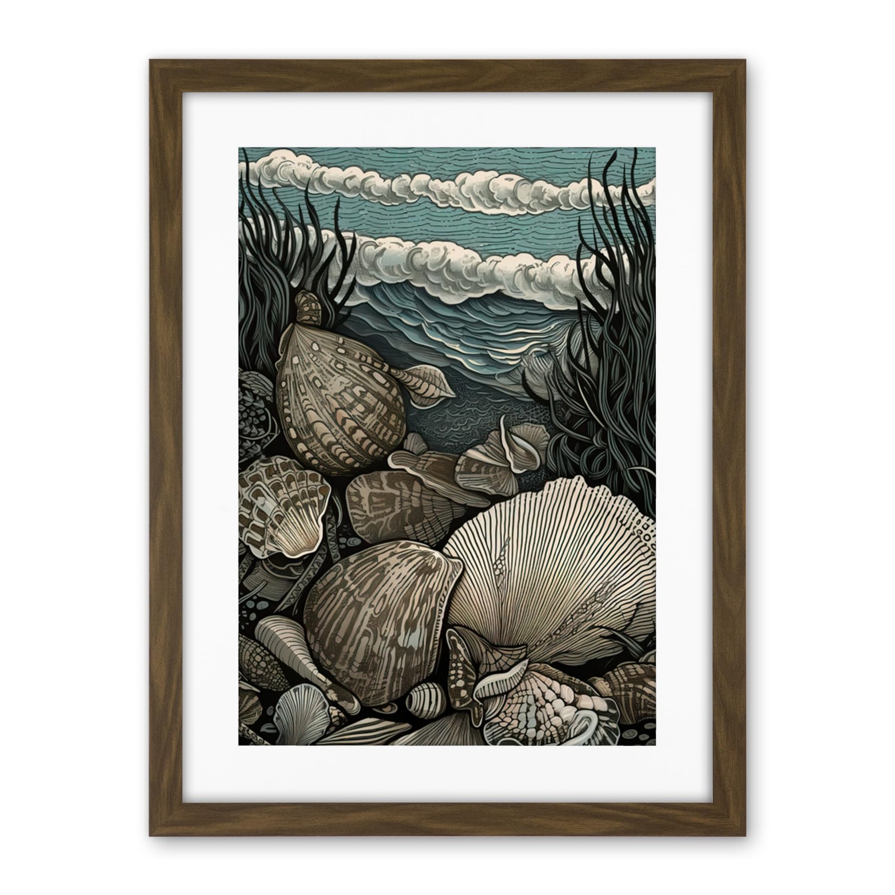 Artery8 Seashells by the Shore Modern Coastal Illustration Artwork Framed Wall Art Print 18X24 Inch