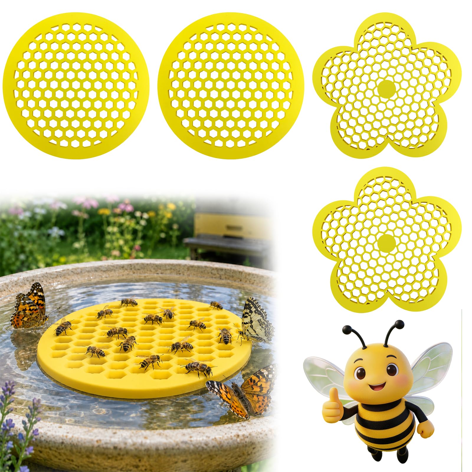 4Pcs Bee Watering Station for Garden, 7.87in Floating Bee Island, EVA Foam Feeder for Butterfly Drinking,Pool, Outdoor Garden Decor