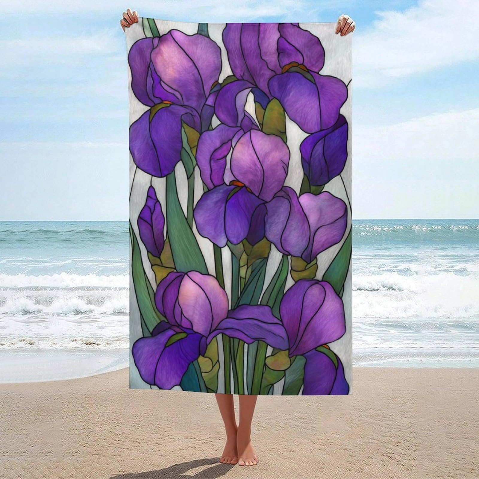 asbwuo Stained Glass Bunch of Purple Flowers Beach Towel