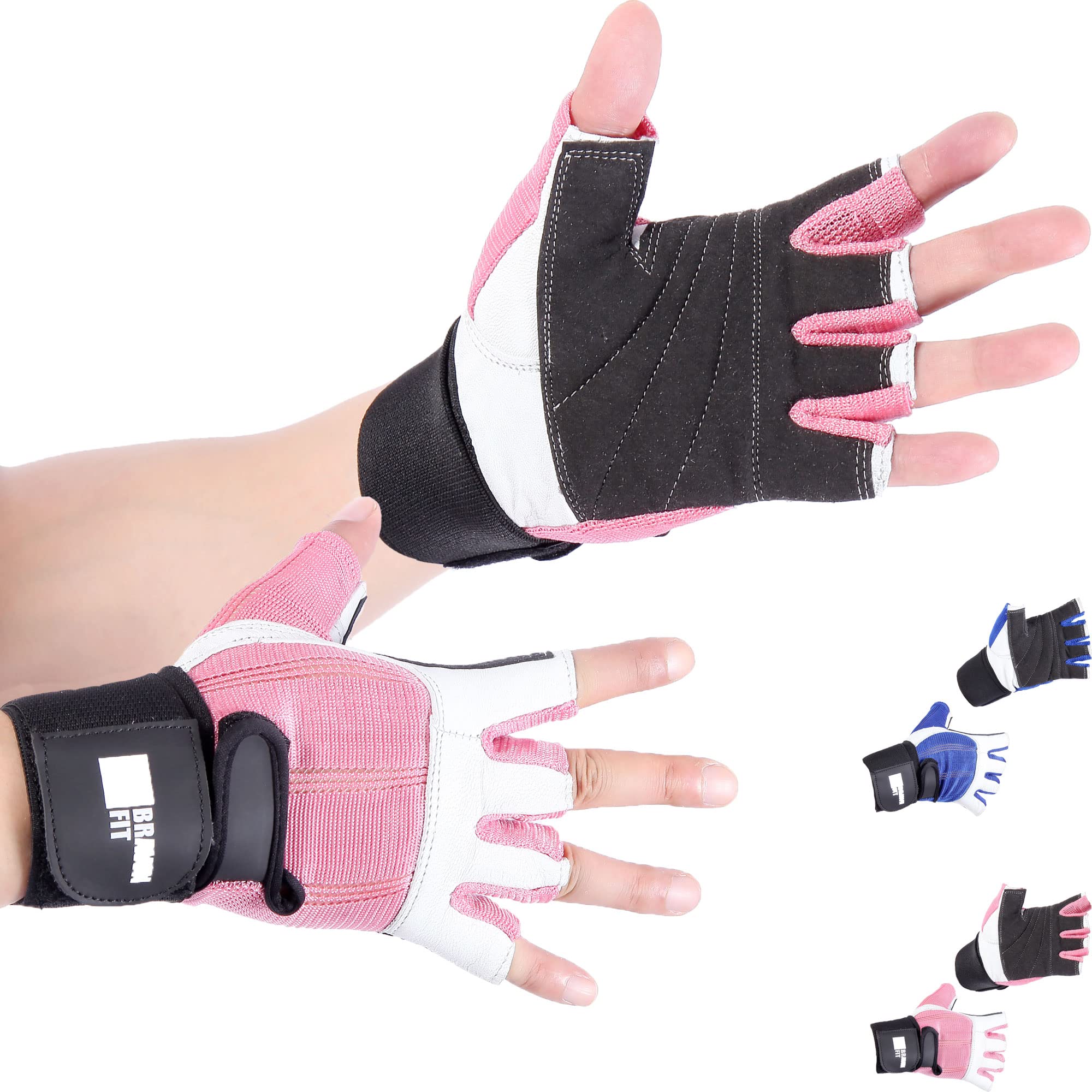 Piel suave Gimnasio Levantamiento de pesas guantes sin dedos con 12 "muñeca apoyo gimnasio con doble costura estilo para hombres y mujeres Brawn Fit, Rosado/Blanco