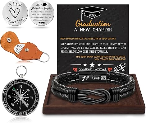 Graduation Gifts for Him, 2025 High School Graduation Gifts Class of 2025 Teen Gift Trendy Stuff Leather Bracelet for Men with Pocket Hug Token Compass College Middle 5th 8th Grade Masters Degree Graduate Knot Jewelry for Son Grandson Boyfriend