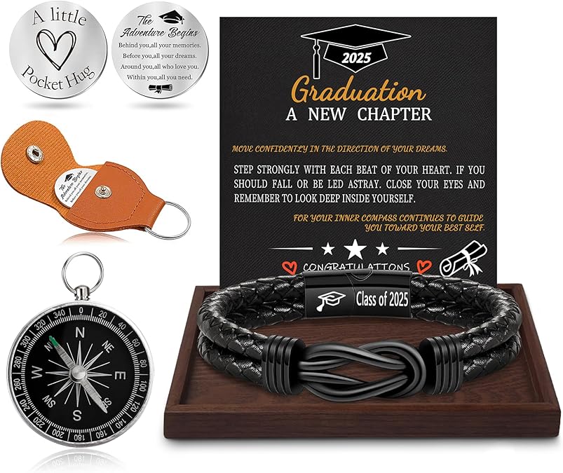 Graduation Gifts for Him, 2025 High School Graduation Gifts Class of 2025 Teen Gift Trendy Stuff Leather Bracelet for Men with Pocket Hug Token Compass College Middle 5th 8th Grade Masters Degree Graduate Knot Jewelry for Son Grandson Boyfriend
