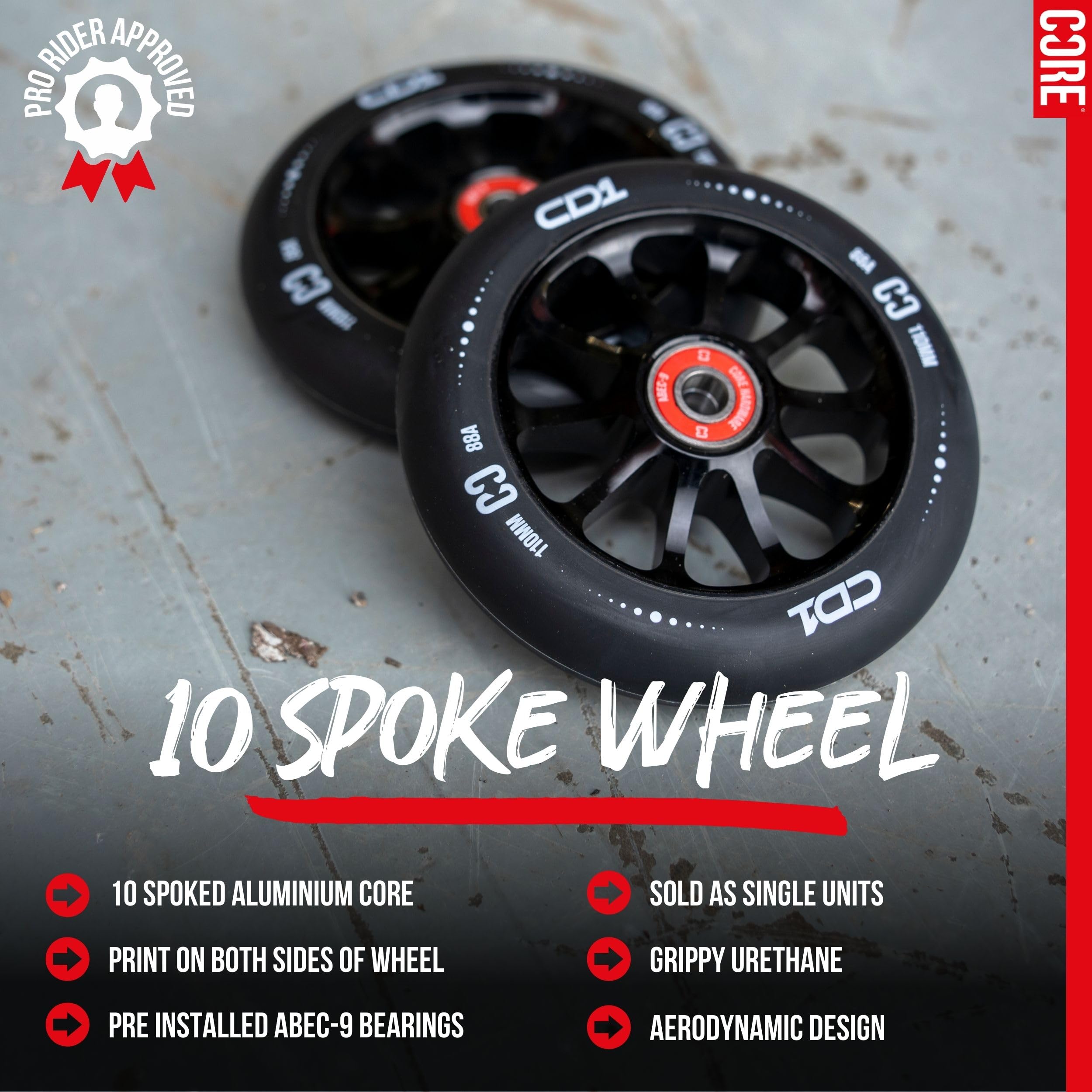 CORE CD1 Spoked Stunt Scooter Wheel 110mm ABEC 9 Bearings (Replacement Pro Scooter Wheels) - Black/Neochrome - Image 2