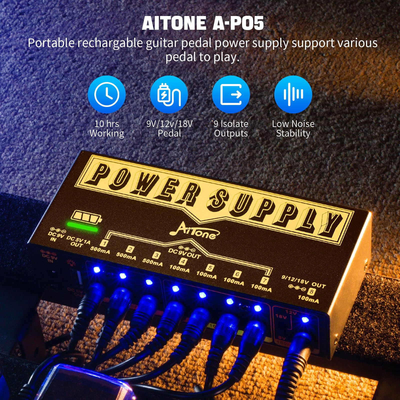 AITONE Pedal Power Supply 9V 12V 18V Rechargeable Battery Guitar Pedal Board with 8 Isolated DC Output USB Port 100/500mA (A-P05)