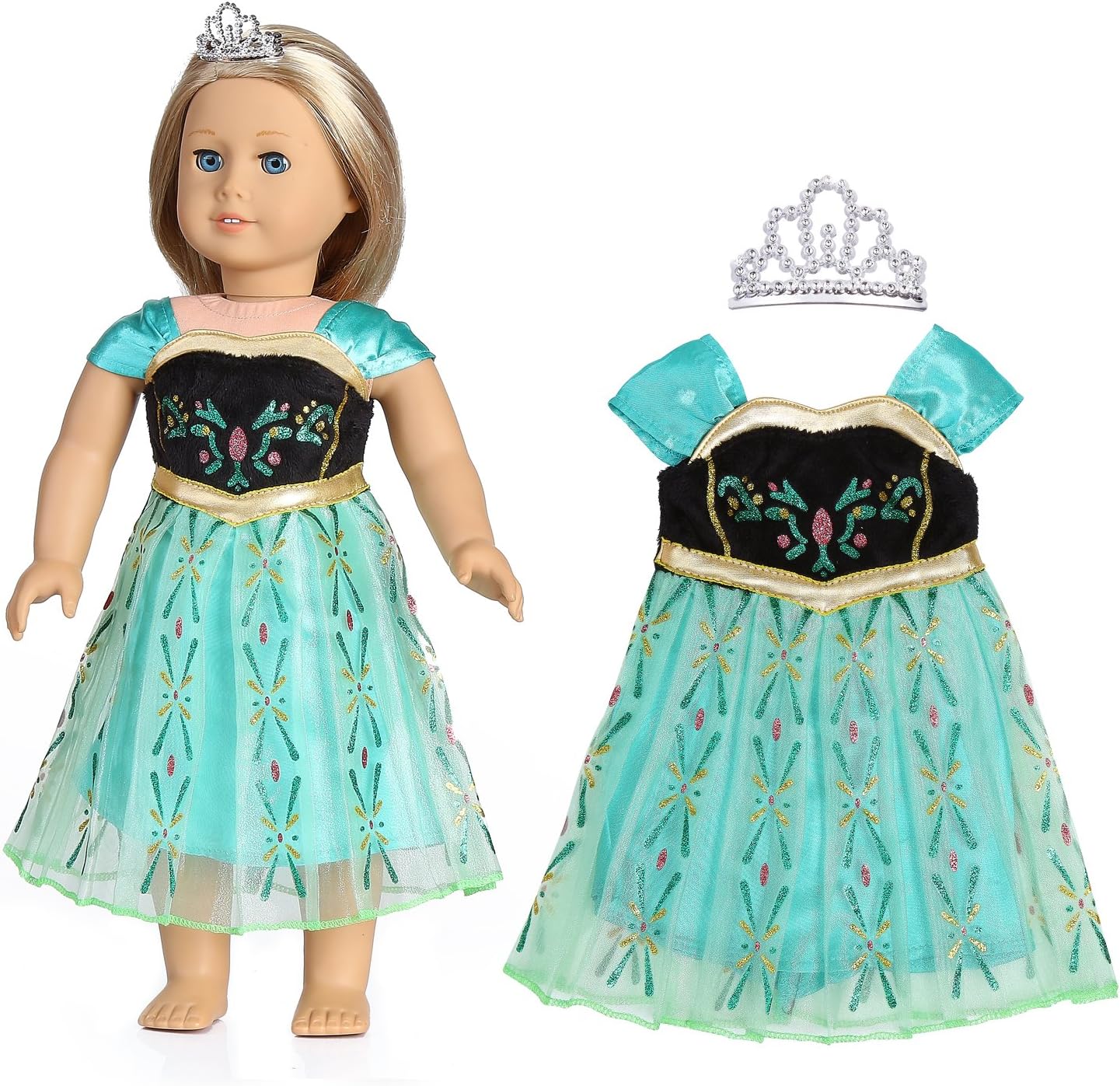 18 Inch Doll Clothes - Colorful Print Evening Dress with Embellished Crown, Fits American Girl Dolls