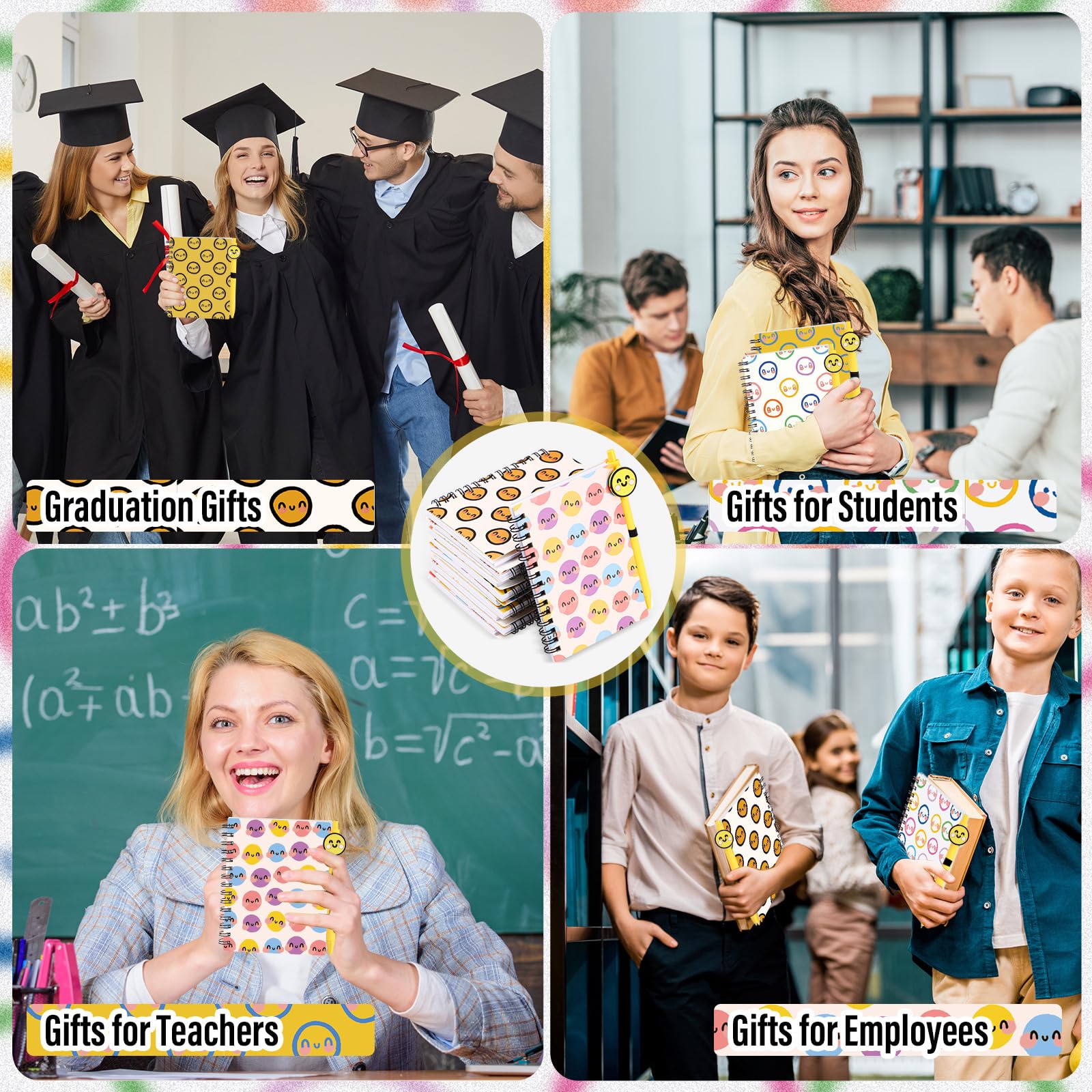 Sayglossy 72 quaderni con supporto emotivo sorridente con note adesive, penne a sfera Happy Face, regalo per il primo giorno di scuola, per studenti, insegnanti, colleghi (agenda settimanale)