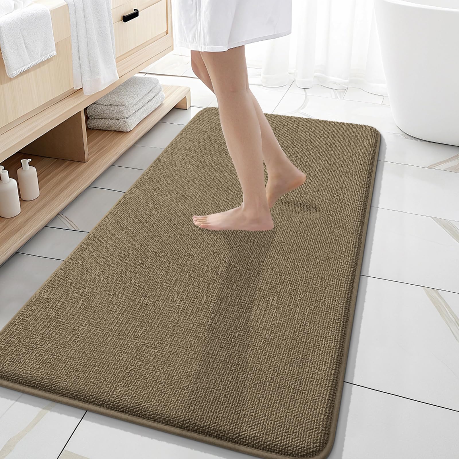 OLANLY Memory Foam Bathroom Runner Rug 47x20, Absorbent Long Bath Mat, Tan