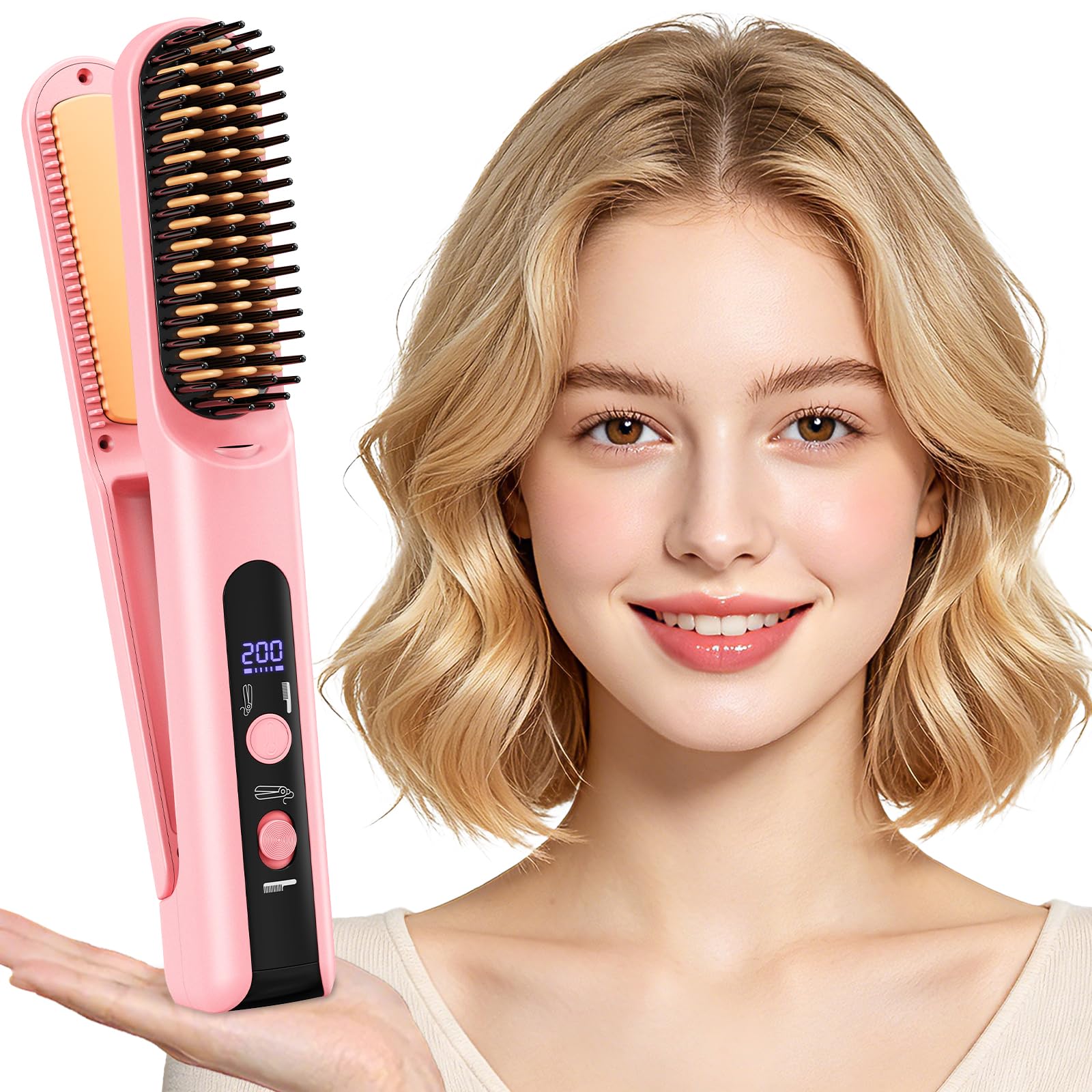 Peine de viaje portátil con calefacción para mujer, cepillo alisador inalámbrico 2 en 1 para alisar y rizar el cabello corto, 4 niveles de temperatura, mini herramientas compactas de peinado para