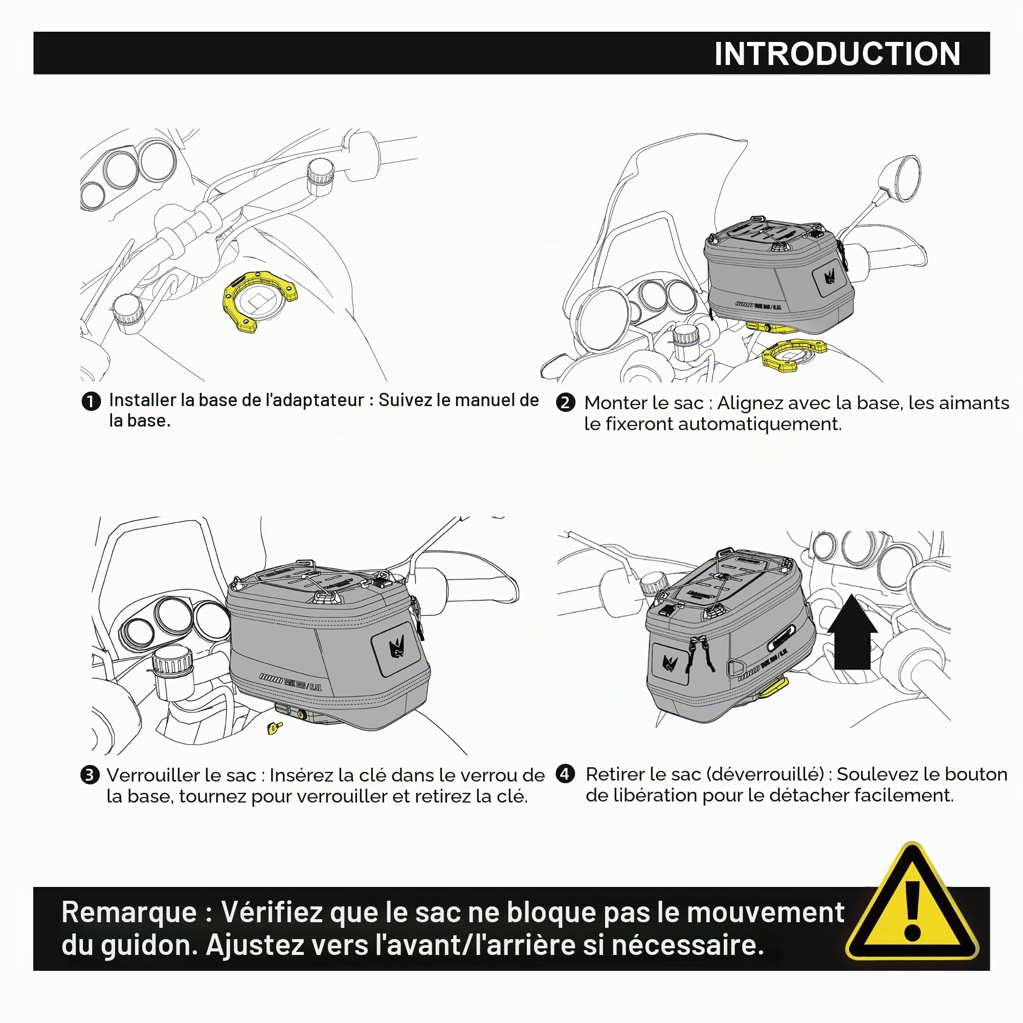 Sacoche de réservoir Rhinowalk pour moto 5L-6.5L avec aimants puissants à détachement rapide et housse de pluie, compatible avec Harley Davidson, Indian, Honda, Yamaha, Suzuki et plus - Noir