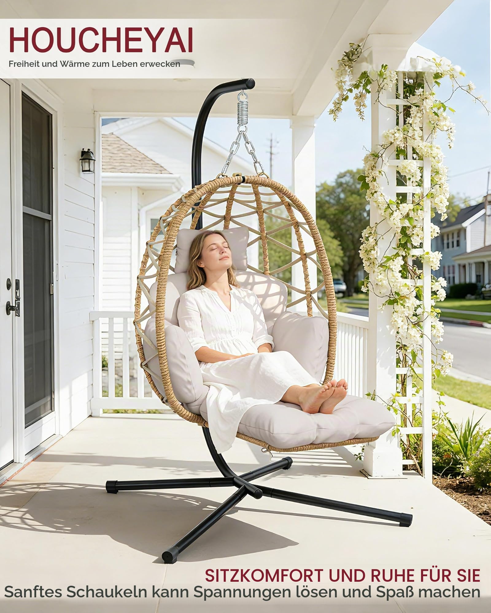 Hängesessel mit Gestell Fußstütze, Hängekorb Sessel, Hängestuhl Rattan Outdoor und Indoor, Hängeschaukel, Egg Chair für Garten, Terasse, Kinderzimmer, Leseecke, bis 150kg