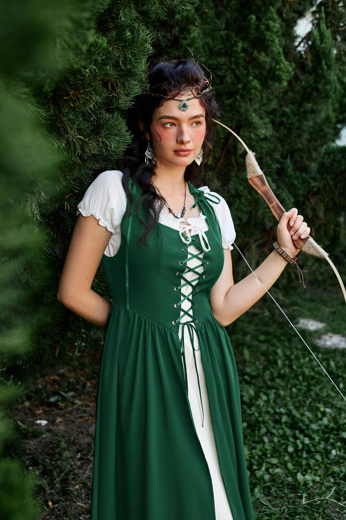 SCARLET DARKNESS Women 2Pcs Renaissance Maxi Dresses Off Shoulder Short Sleeve Lace-up Irish Costume with Over Dress