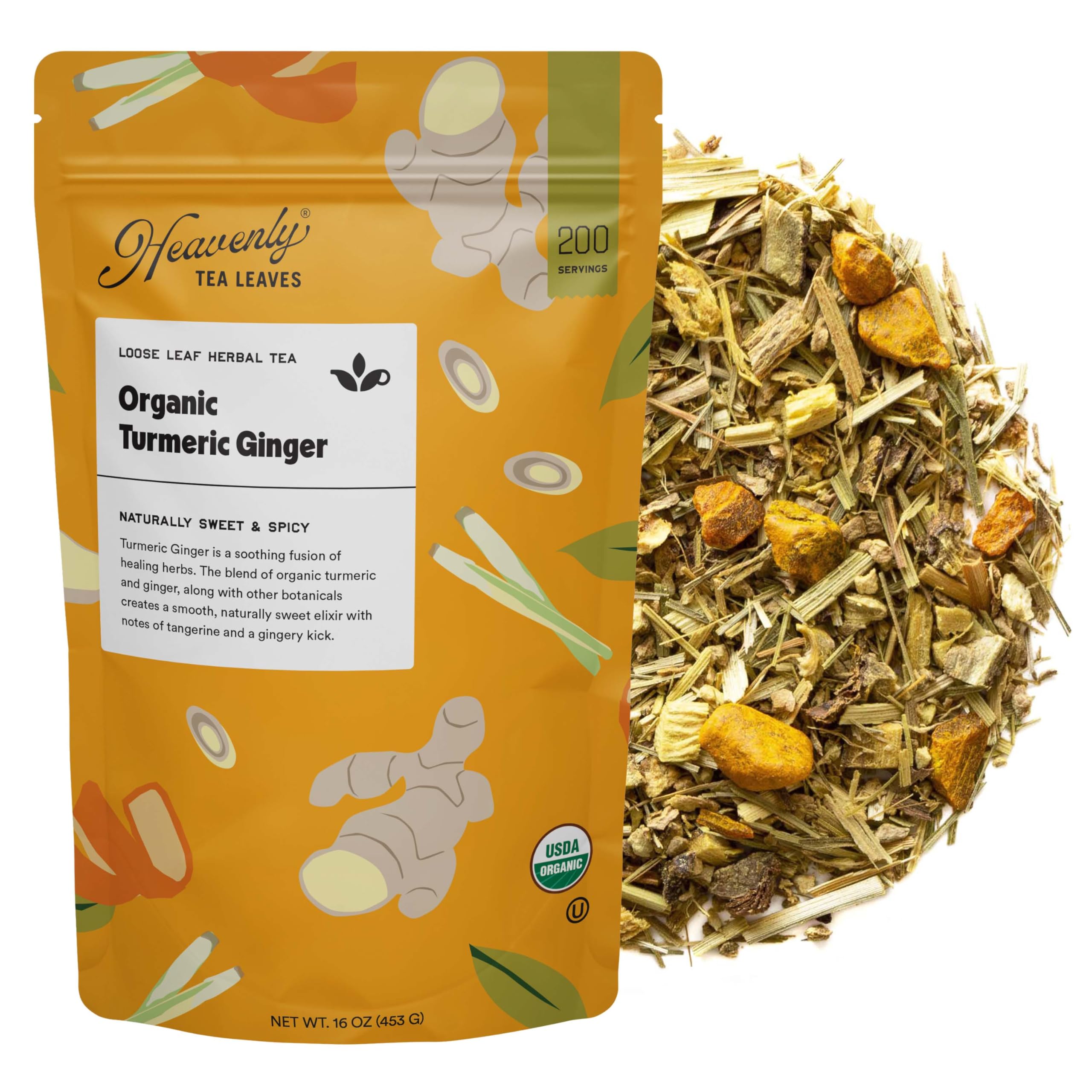 Heavenly Tea Leaves Organic Turmeric Ginger, Loose Leaf Herbal Tea, 16 Oz