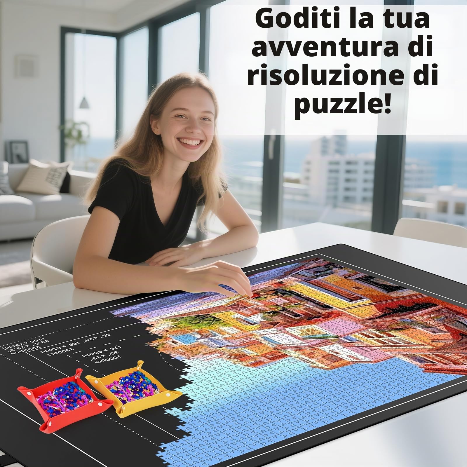 Tappeto per Puzzle Fino a 3000 Pezzi con Base in Gomma Antiscivolo - 150 x 95cm per 1000/1500/2000 e 3000 Pezzi, Design Arrotolabile in Secondi, Completto di 8 Vassoi e Borsa