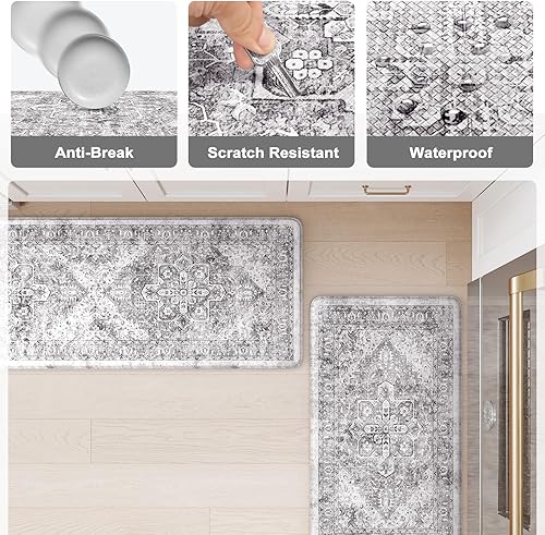 Vista 295 de KIMODE - Juego de 2 tapetes de cocina antifatiga, estilo vintage, antideslizantes, impermeables, ergonómicos, acolchados, cómodos para lavandería