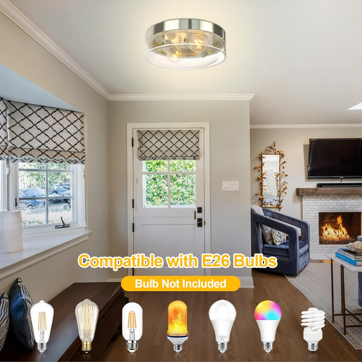 Kalium Flush Mount Ceiling, 2-Light Farmhouse Ceiling Mount with Seeded Glass Lampshade, Industrial Flush