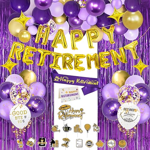 85 piezas de decoraciones de fiesta de jubilación para mujeres y hombres, paquete de gran valor de decoración de jubilación dorado morado,
