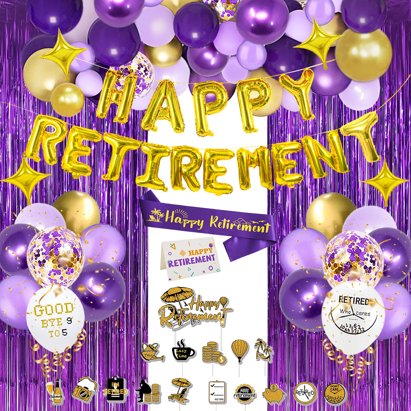 Sharonlily 85 Pcs Purple & Gold Retirement Party Decorations for Men & Women – Complete Kit with Banner, Balloon Garland Arch, Fringe Curtains,