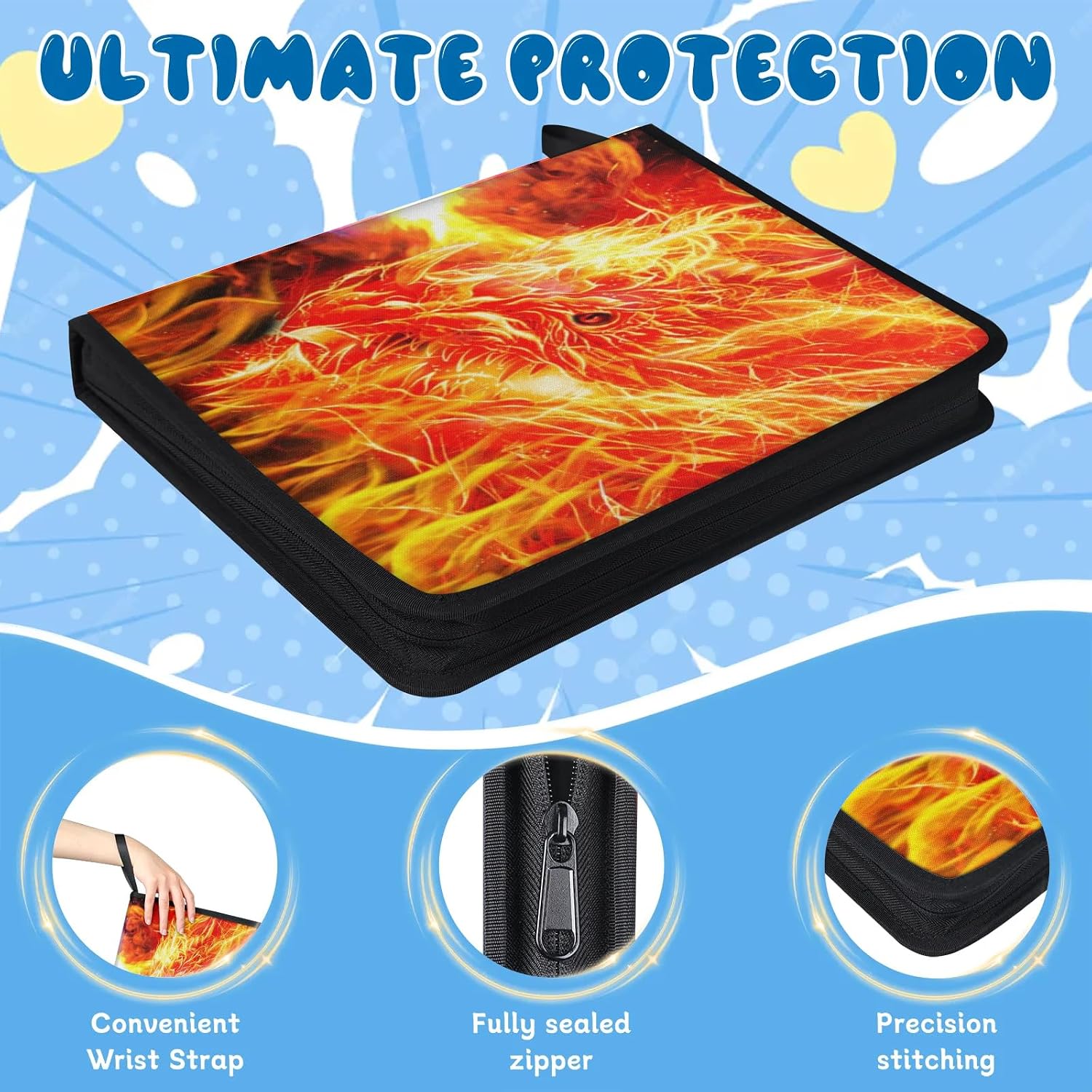 9 Pockets Trading Card Binder - 900 Double Sided Pockets Trading Card Binder with 50 Removable Sleeves,Card Binder Album for Sport Cards & Game Cards(Fiery Dragon)