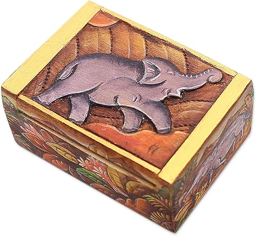 NOVICA Mini joyero artesanal de madera hecho a mano con temática de elefante de Bali Multicolor Indonesia Animal 'Sumatra Elephant'