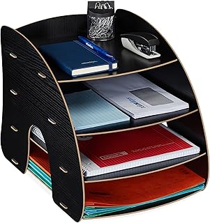 Relaxdays Almacenamiento Bandeja Documentos MDF para A4, 4 Compartimentos, Organizador Oficina, Color Negro, Tablero de Fibras, 27 x 25,5 x 34,5 cm Aprox