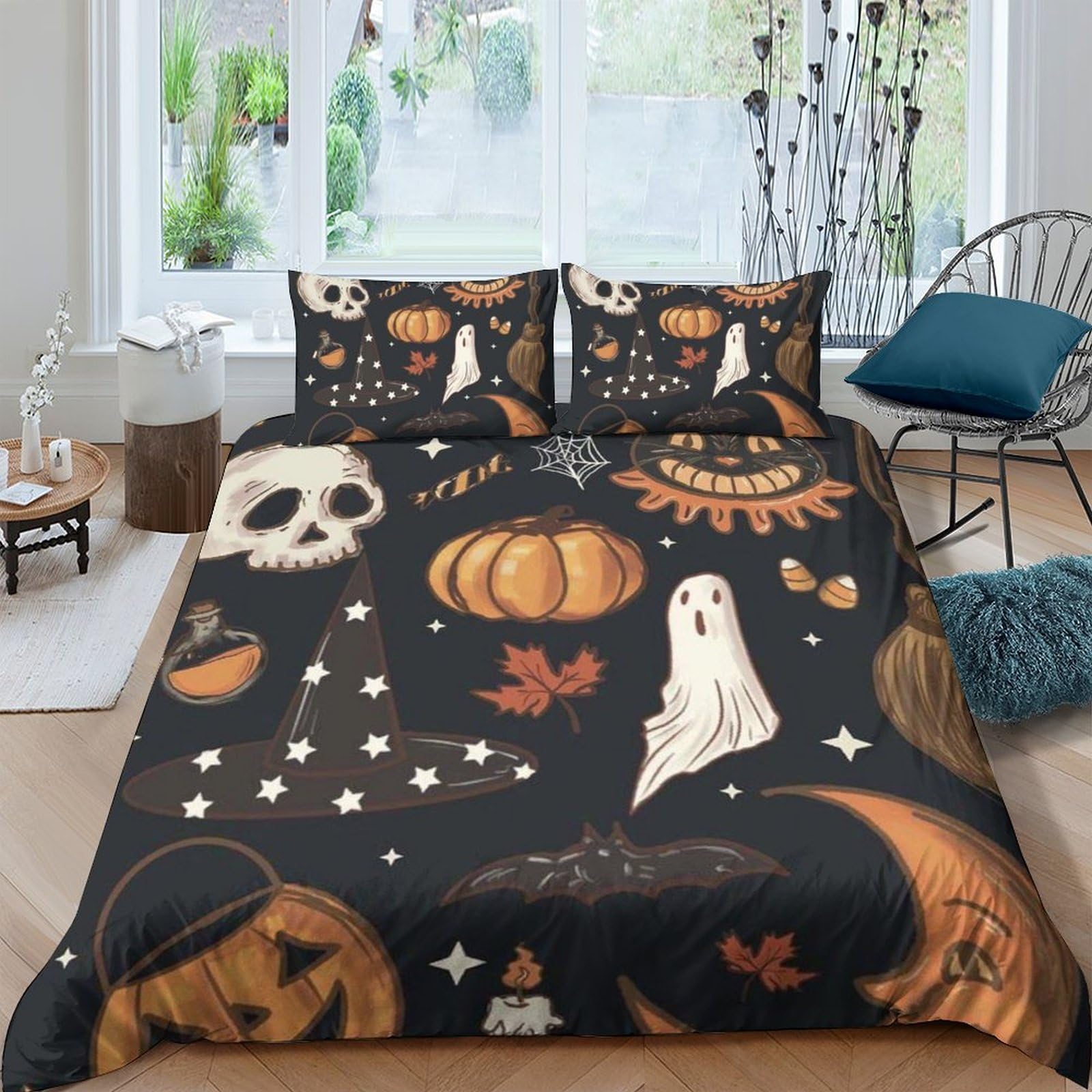 Ctjqhvkz Style-1 3D Printed Halloween Pumpkin Fitted Sheet Microfiber Skull Ghost Bed Cover For Bedroom Dorm Mattress Protection Decor Single（135X200cm）