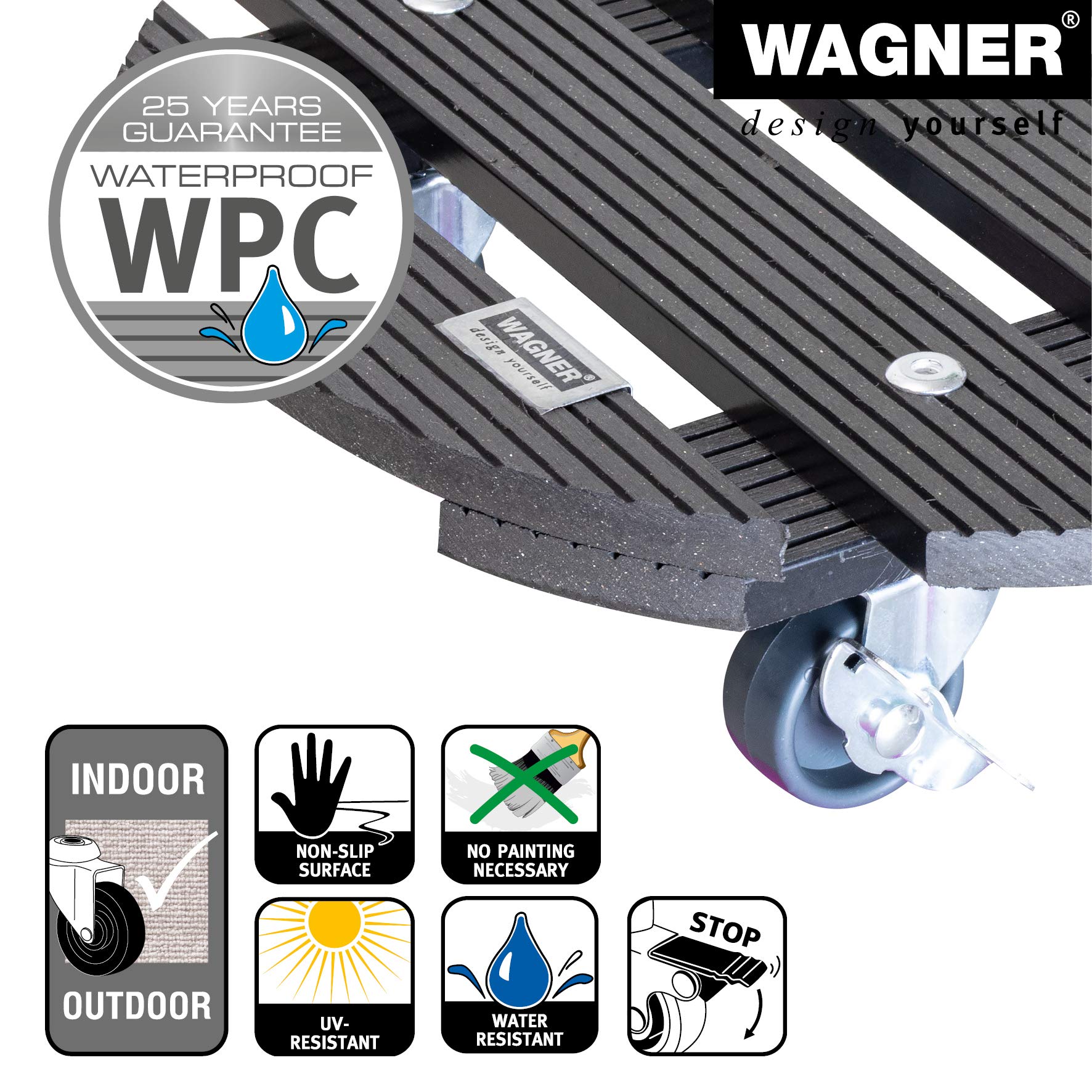 WAGNER Carrello per Piante WPC Ø 29 x 7,5 cm I Carrello per Fiori e Piante per Interni ed Esterni, Antracite I Portavaso Composito di plastica e Legno con 2 Freni I Portata 100 kg - 20052501