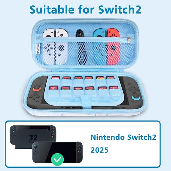 TIKOdirect Carrying Case for Switch2, Cute Portable Travel Bag with 10 Game Card Slots Inner Storage Bag for Switch Console Joy-Con & Accessories, Blue
