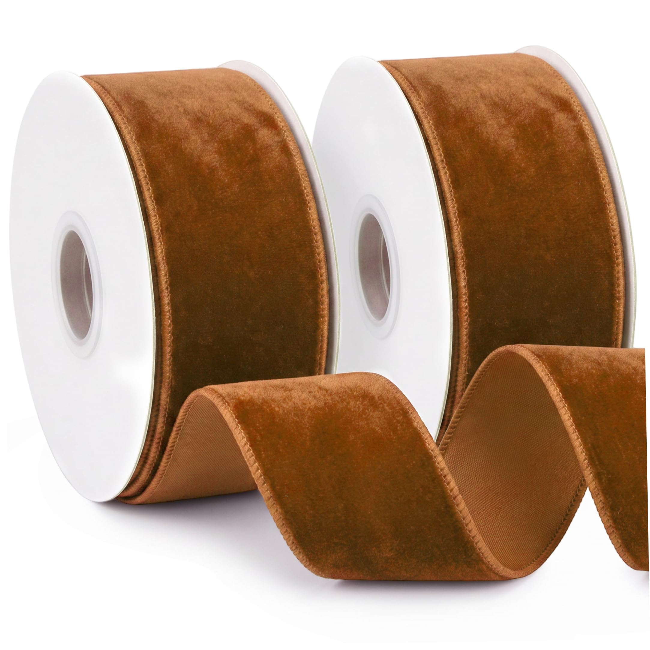 Christmas Ribbon, 2-Pack Wired Velvet Ribbon for Present Wrapping, Brown