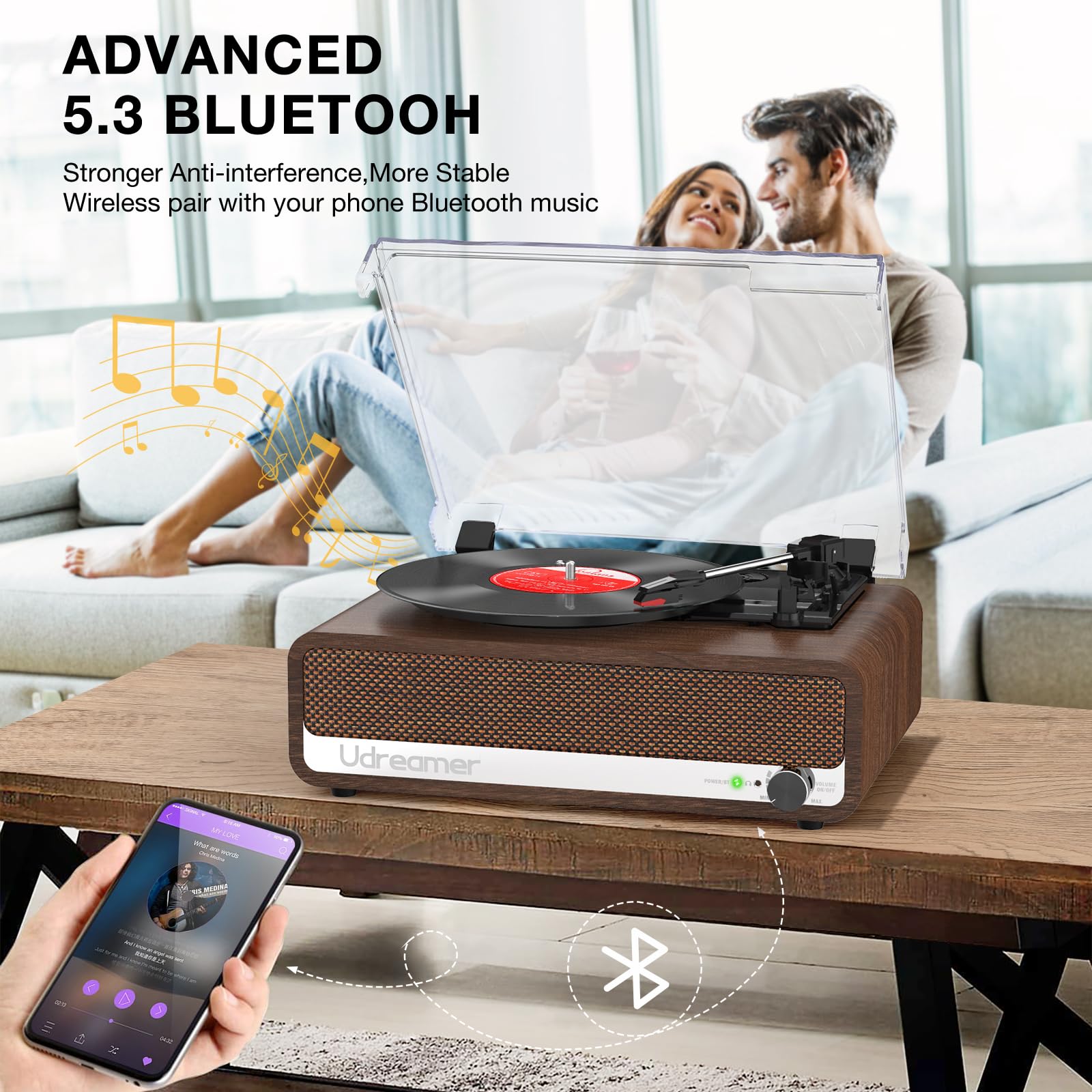 Udreamer Plattenspieler mit Lautsprecher Bluetooth Plattenspieler Vintage Vinyl Player Unterstützt USB AUX-Eingang Kopfhörer RCA Line-Out 3 Geschwindigkeiten Riemenantrieb Spiegeldesign Nussbaum