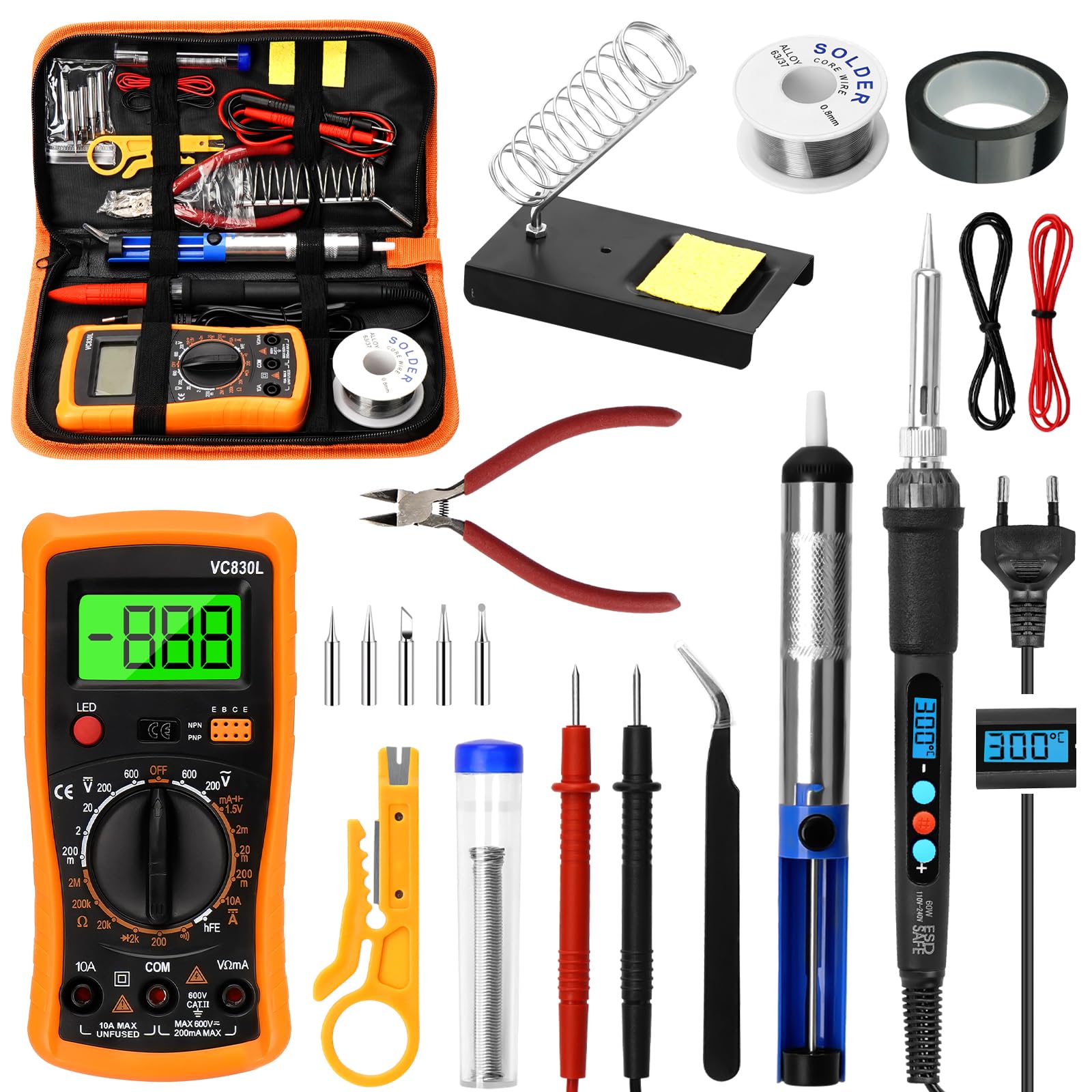 Fer à Souder Kit, Fer a Souder Etain Température Réglable 180-500°C Fer a Souder Electronique de Precision avec Etain a Souder, Pompe a Dessouder, Multimètre Numérique, 5 Conseils de Soudage