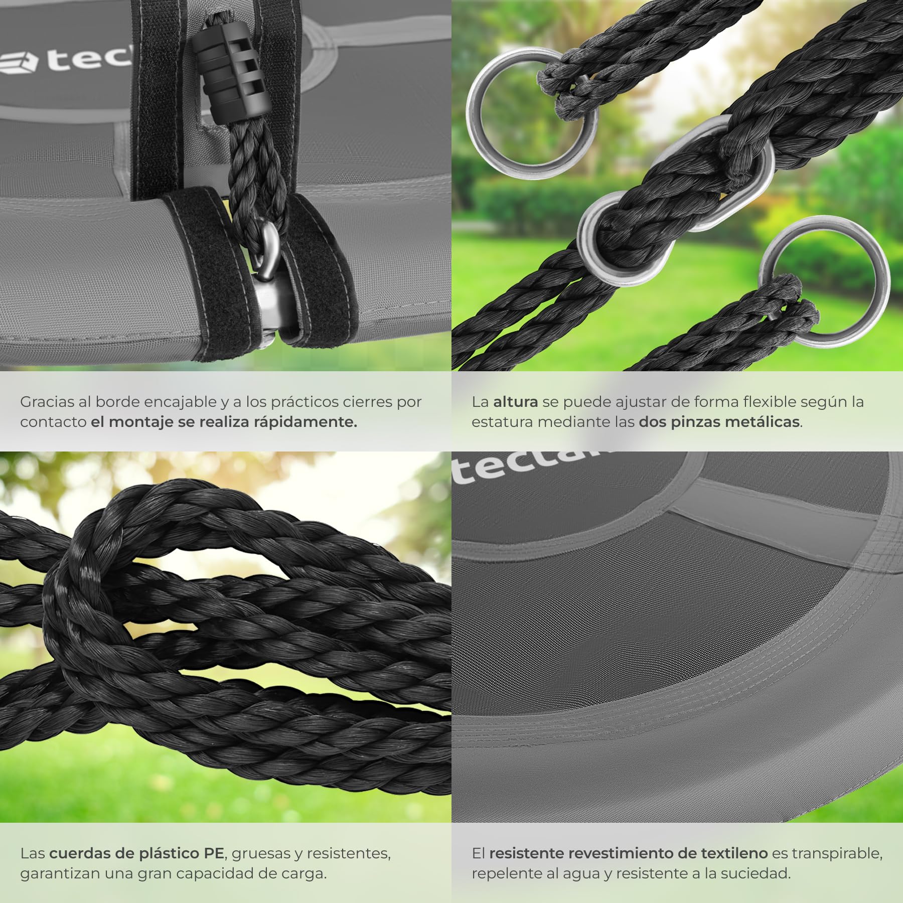 tectake® Columpio Redondo, Resistente a la Intemperie, Columpio Jardin Exterior, Cuerdas Gruesas, Soporta hasta 120 kg, Borde Acolchado, Ajuste de Altura, Silla Colgante Exterior - 120 cm Gris/Negro