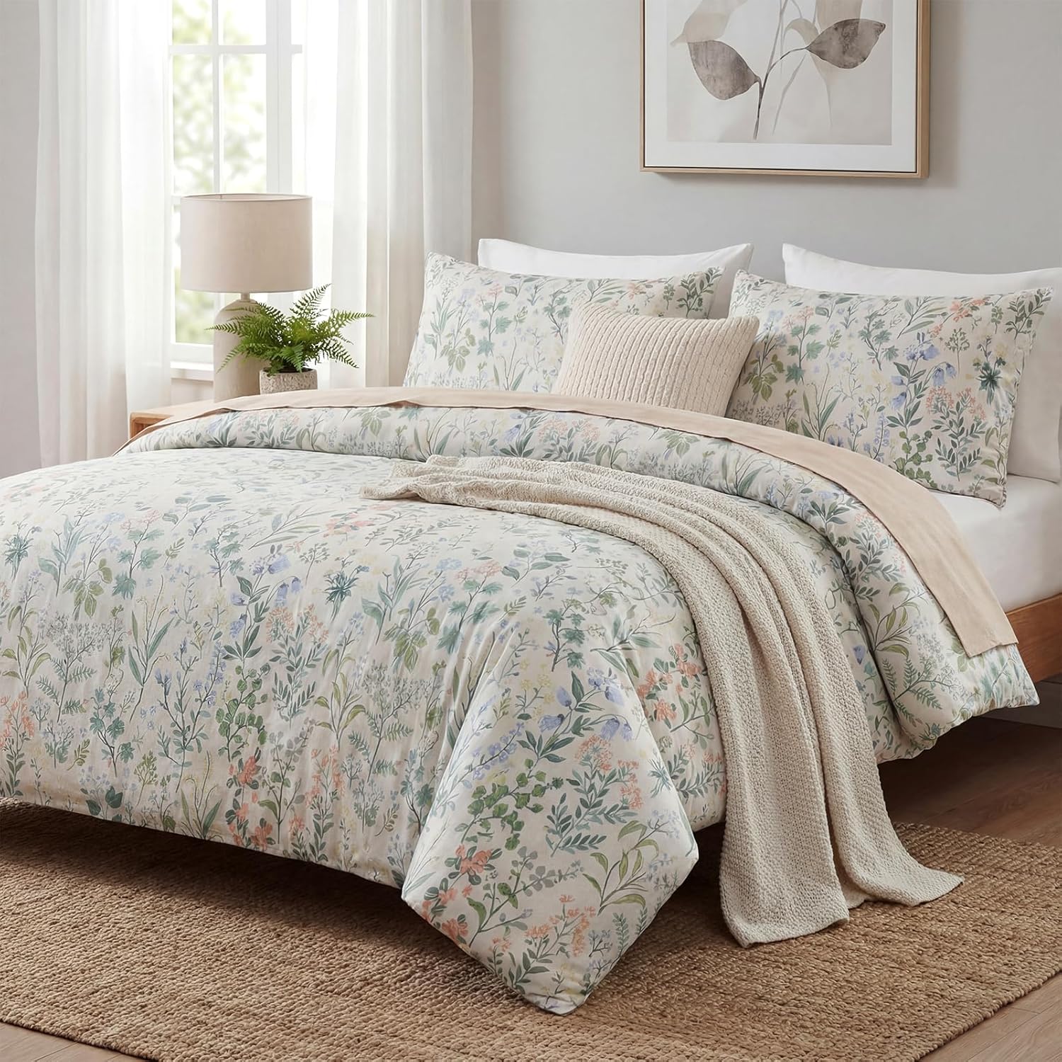 Duvet Cover Queen Size 100% Cotton Comforter Cover Green Floral Breathable Duvet Cover with Zipper Closure & Corner Ties 3 Pcs Green Fragrant Grass Duvet Cover Set - Image 5