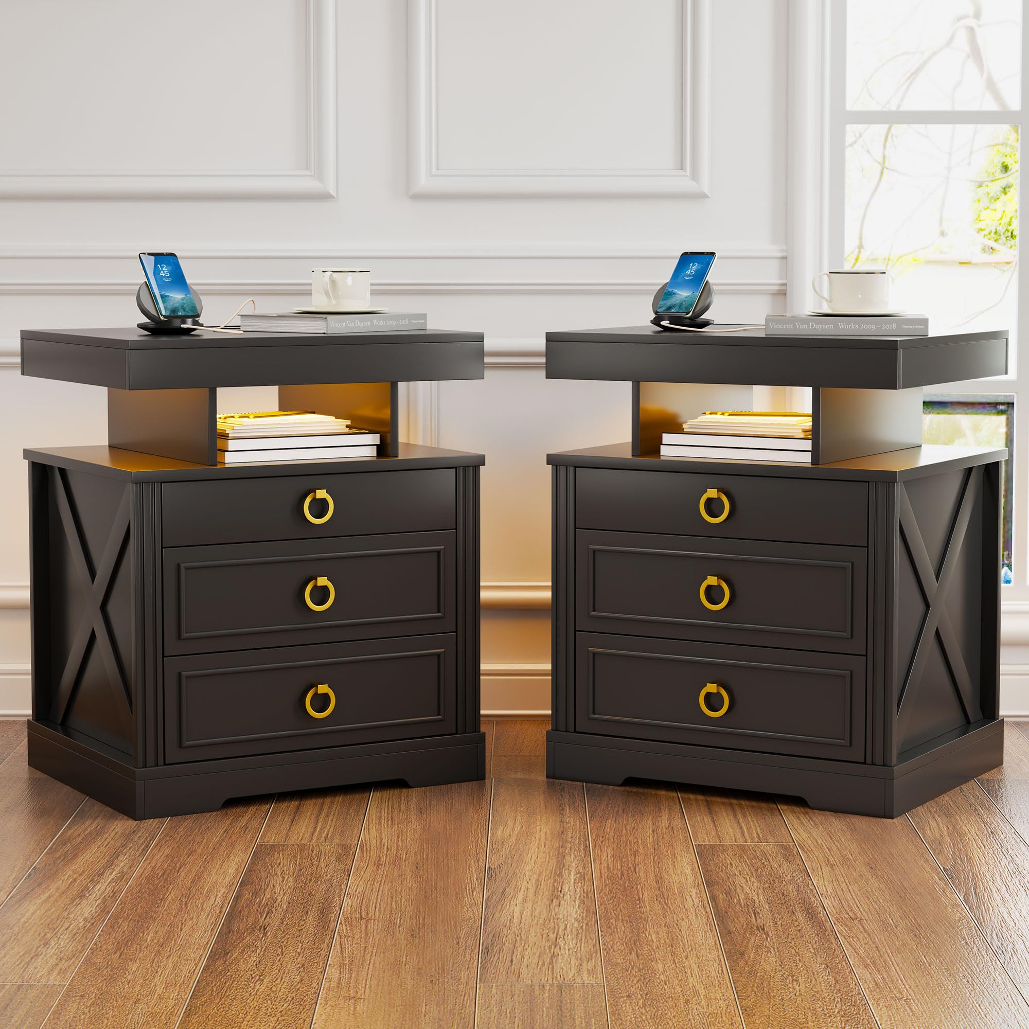 Gurexl Set of 2 LED Bedside Table with Gun Drawer, Charging Bedside Tables with USB & Type-C Port, Human Sensor Light, Open Compartment and 2 Drawers Rustic Wood Sofa Side End Table(Black)